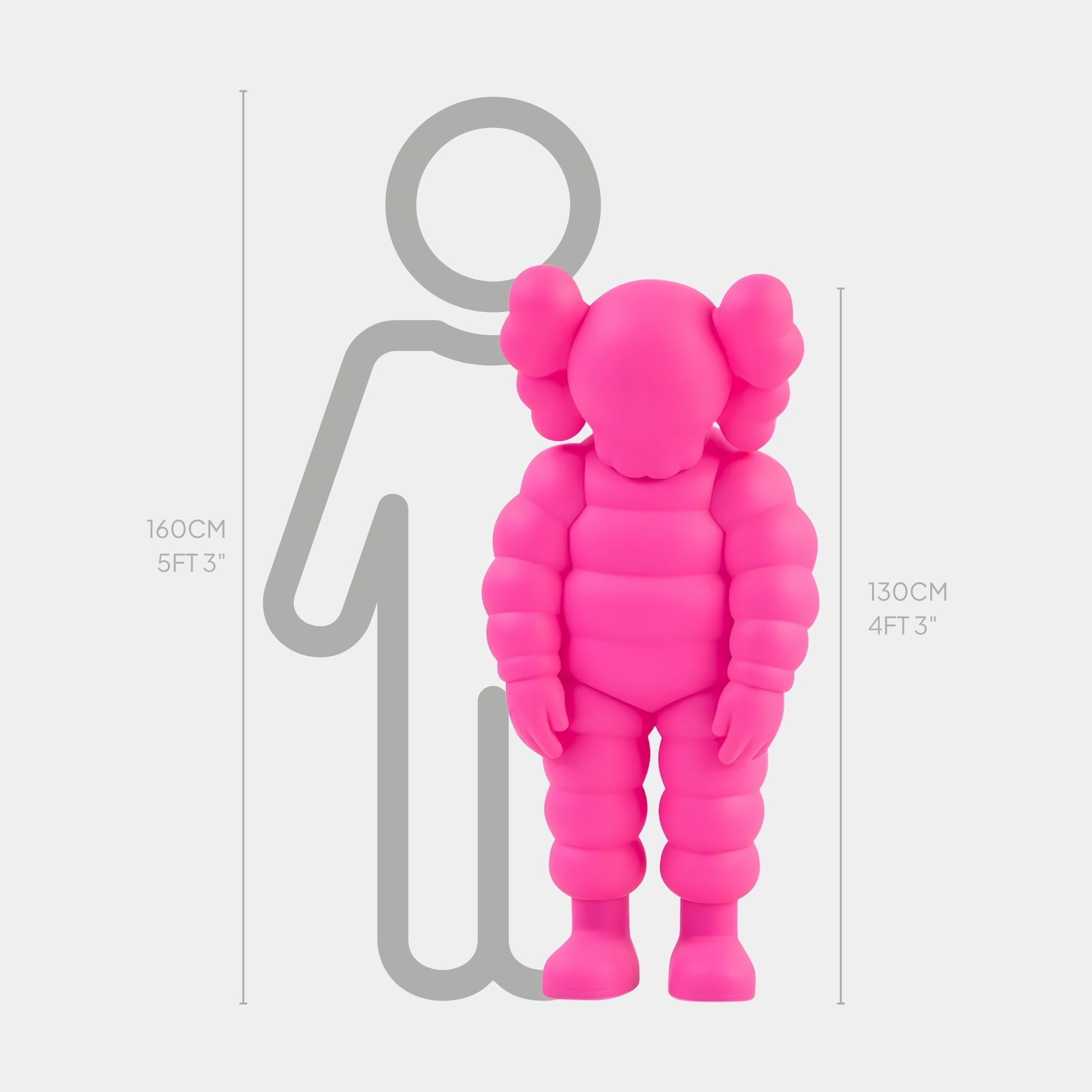 The Electric Pink Iconify Rollo Sculpture by Giant Sculptures, crafted from high-quality resin, is a modern humanoid design with puffy limbs standing 130 cm (4 ft 3 in) next to a 160 cm (5 ft 3 in) silhouette for size comparison.