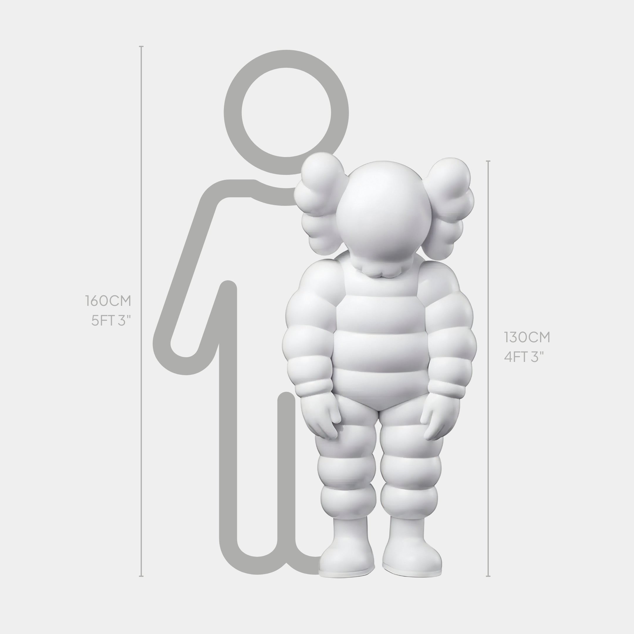 The Giant Sculptures Cloud White Iconify Rollo Sculpture stands 130 cm tall and features rounded white resin craftsmanship, elegantly contrasting against a human silhouette for height comparison, making it ideal for minimalist spaces.