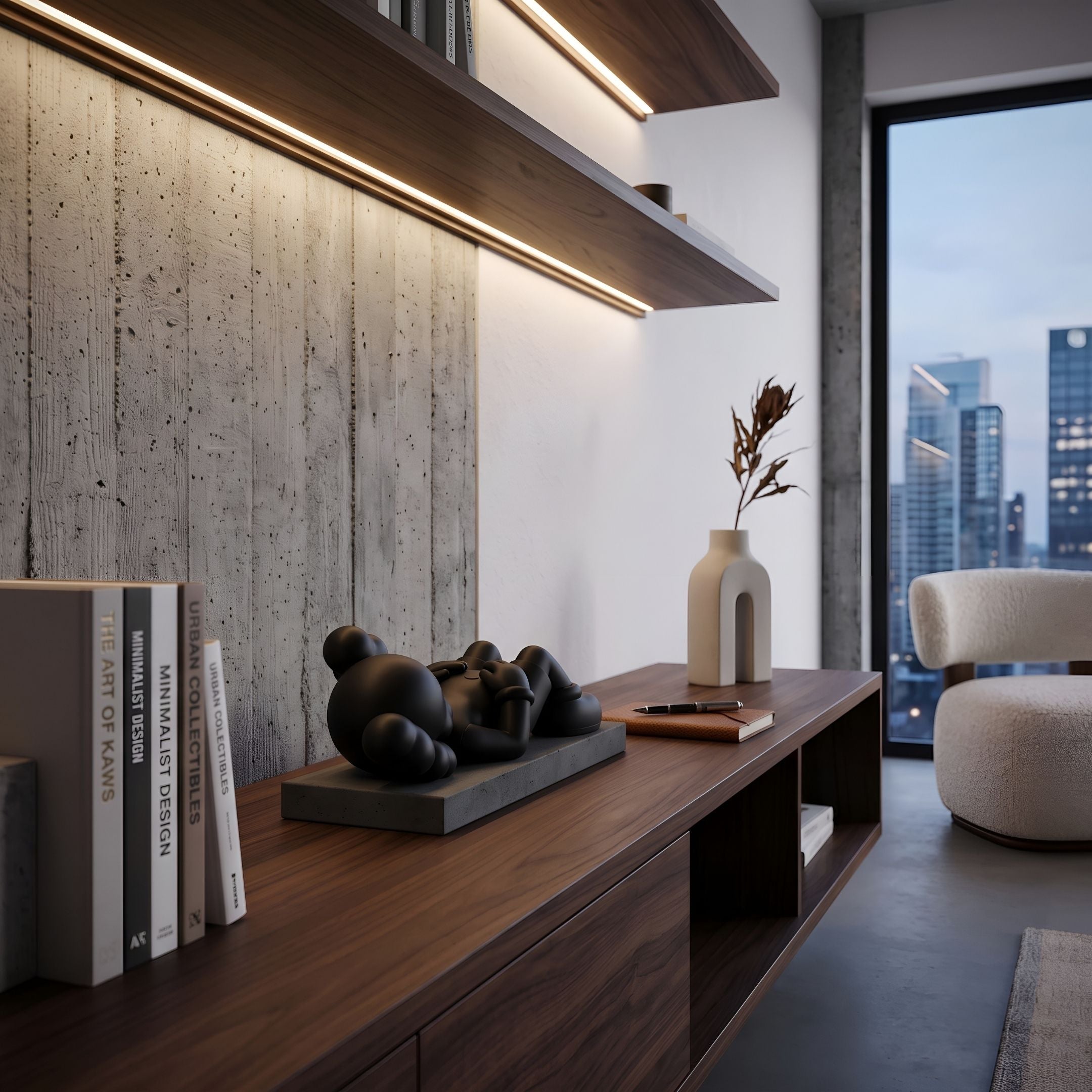 Obsidian Black Iconify Peace Figure (14cm) reclining on a grey base atop a walnut media console, styled with books, a ceramic vase, and a city-view window backdrop.