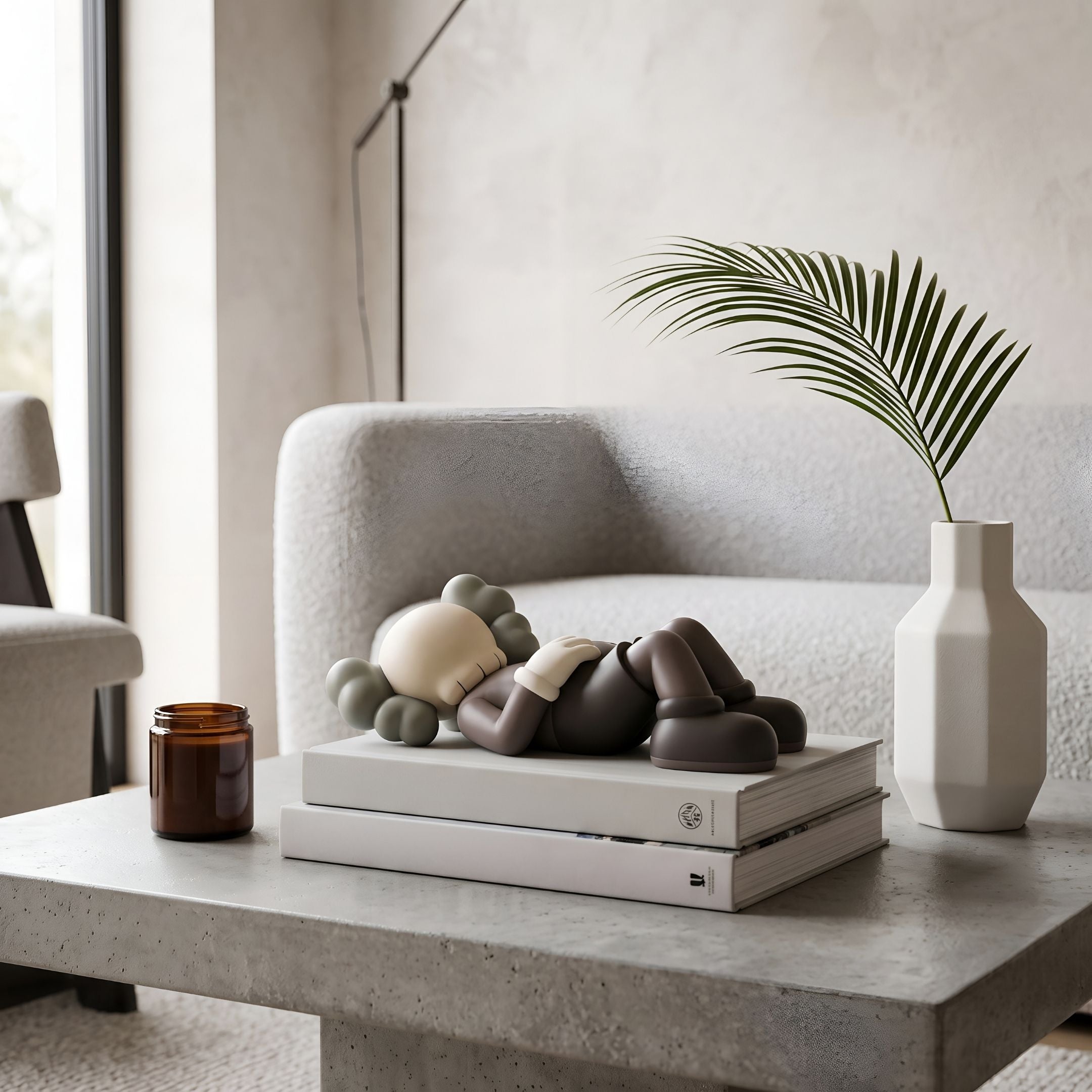 Hazelnut Brown Iconify Peace Figure, 14cm, reclining on stacked books beside a palm-filled vase on a concrete table in a living room setting.