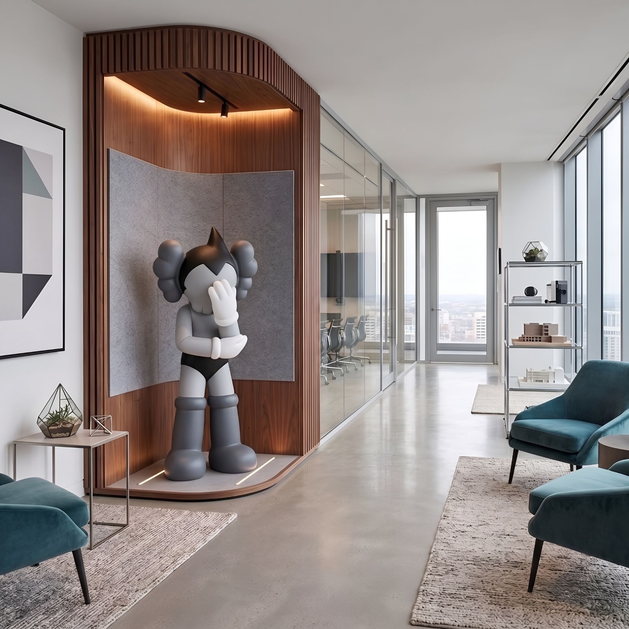 Slate Grey Iconify Cosmic Boy Sculpture, 140cm, in a wood-paneled office alcove, shown in a shy pose with hand covering face, near teal armchairs and glass meeting rooms.