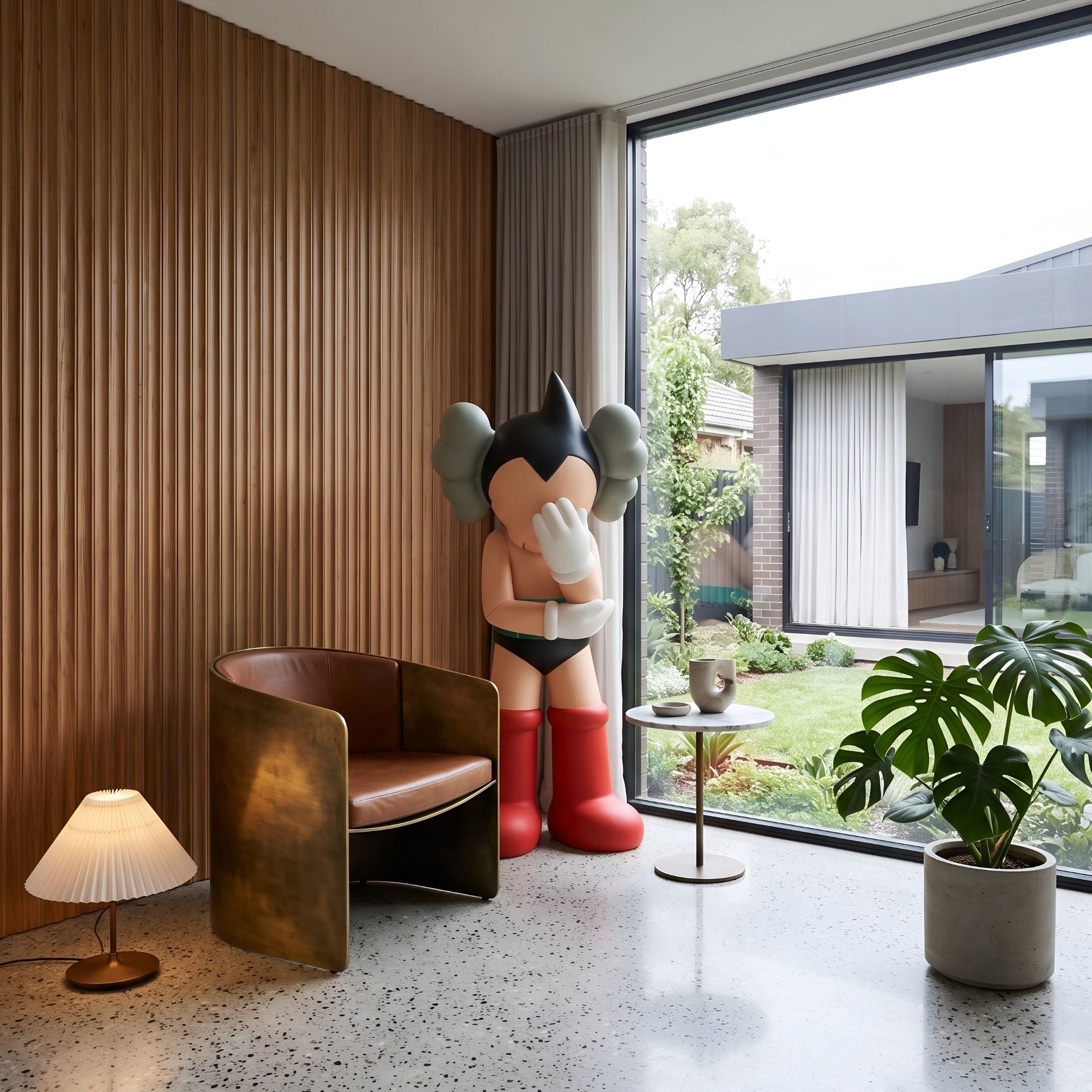 Fiery Red Iconify Cosmic Boy Sculpture, 140cm, covering face with white-gloved hand, red boots, shown by a leather chair near a sunlit window.