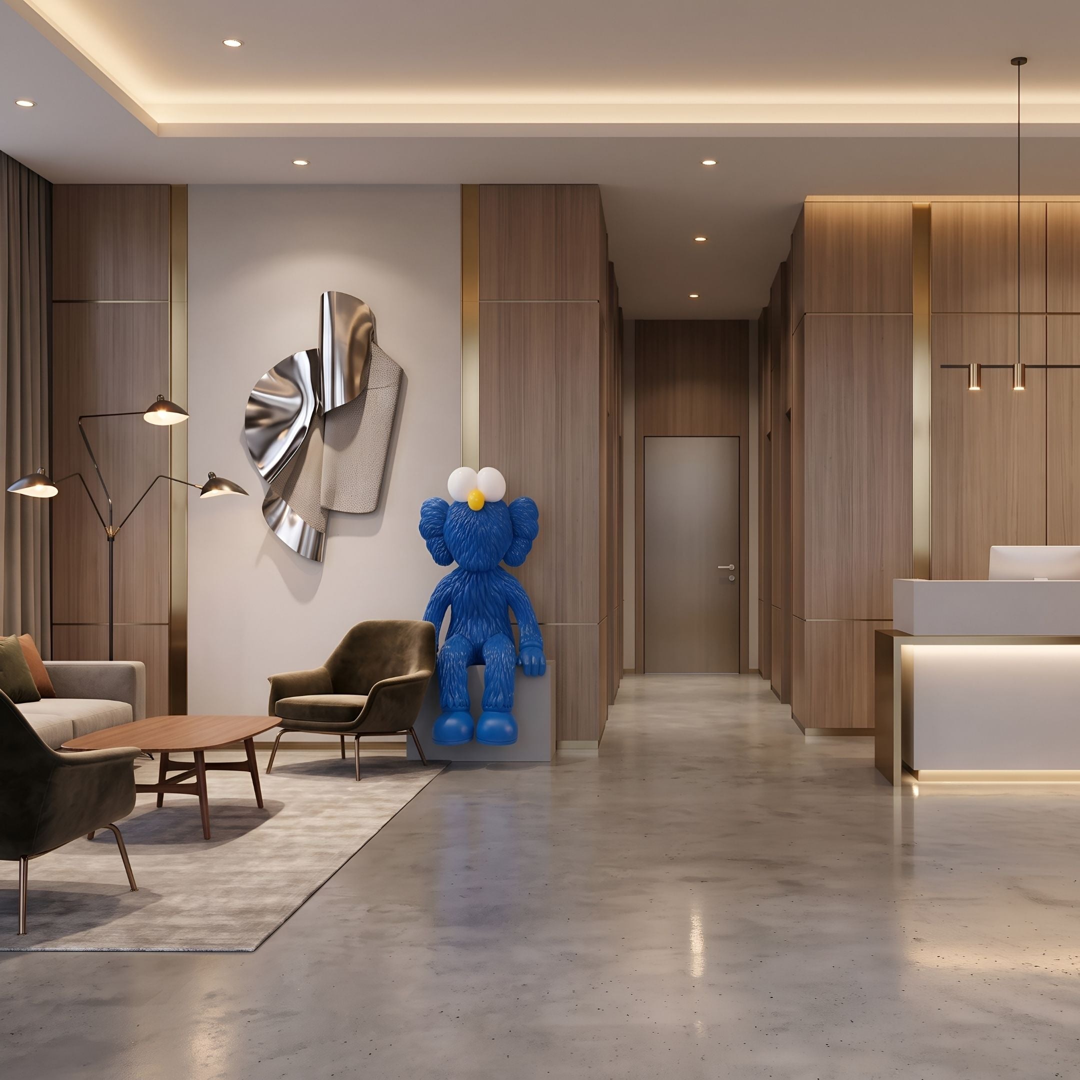 Deep Blue Iconify Furry Sitting Sculpture, 140cm, seated on a pedestal in a lounge with wooden paneling, metal wall art, and armchairs.