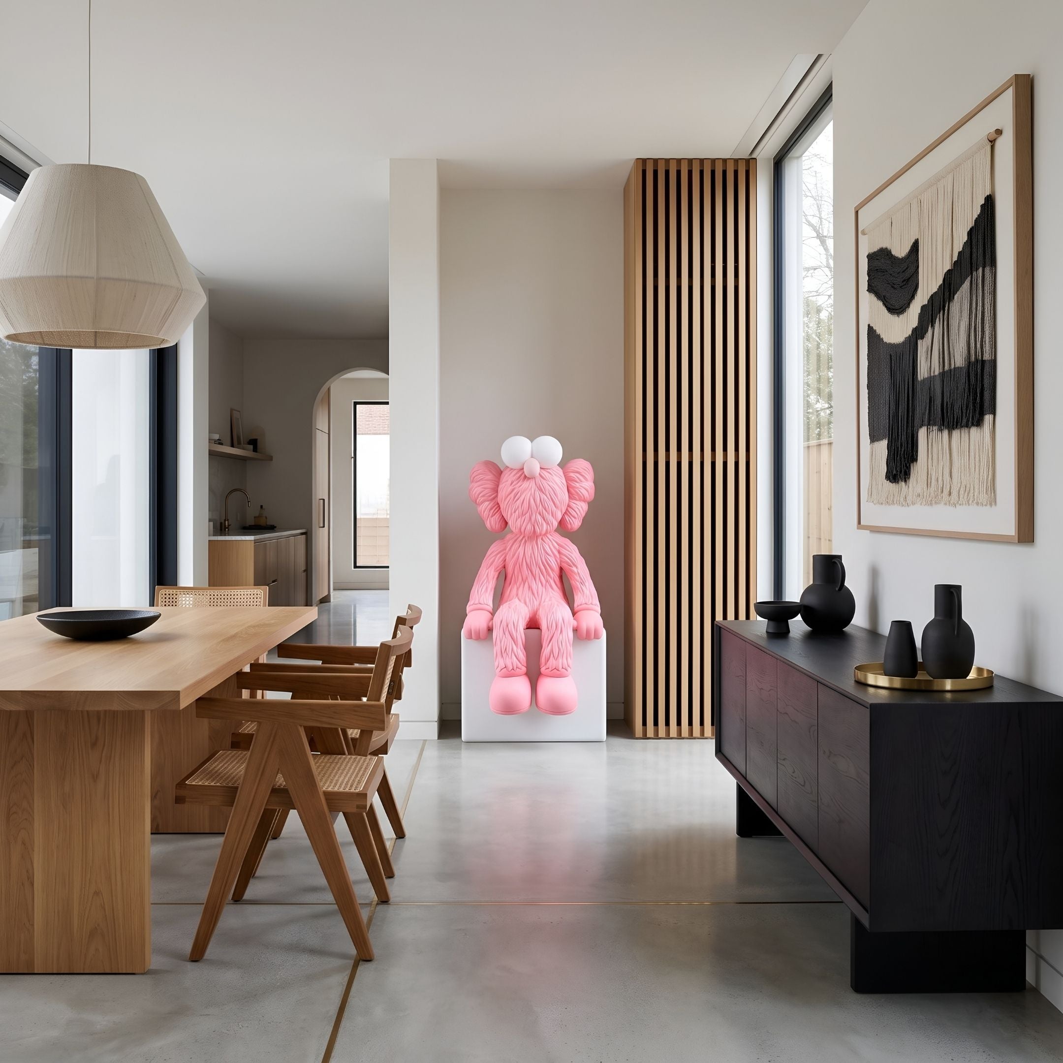 Petal Pink Iconify Furry Sitting Sculpture (140cm) on a white cube base in a dining room, beside a wood slat column and dark sideboard.