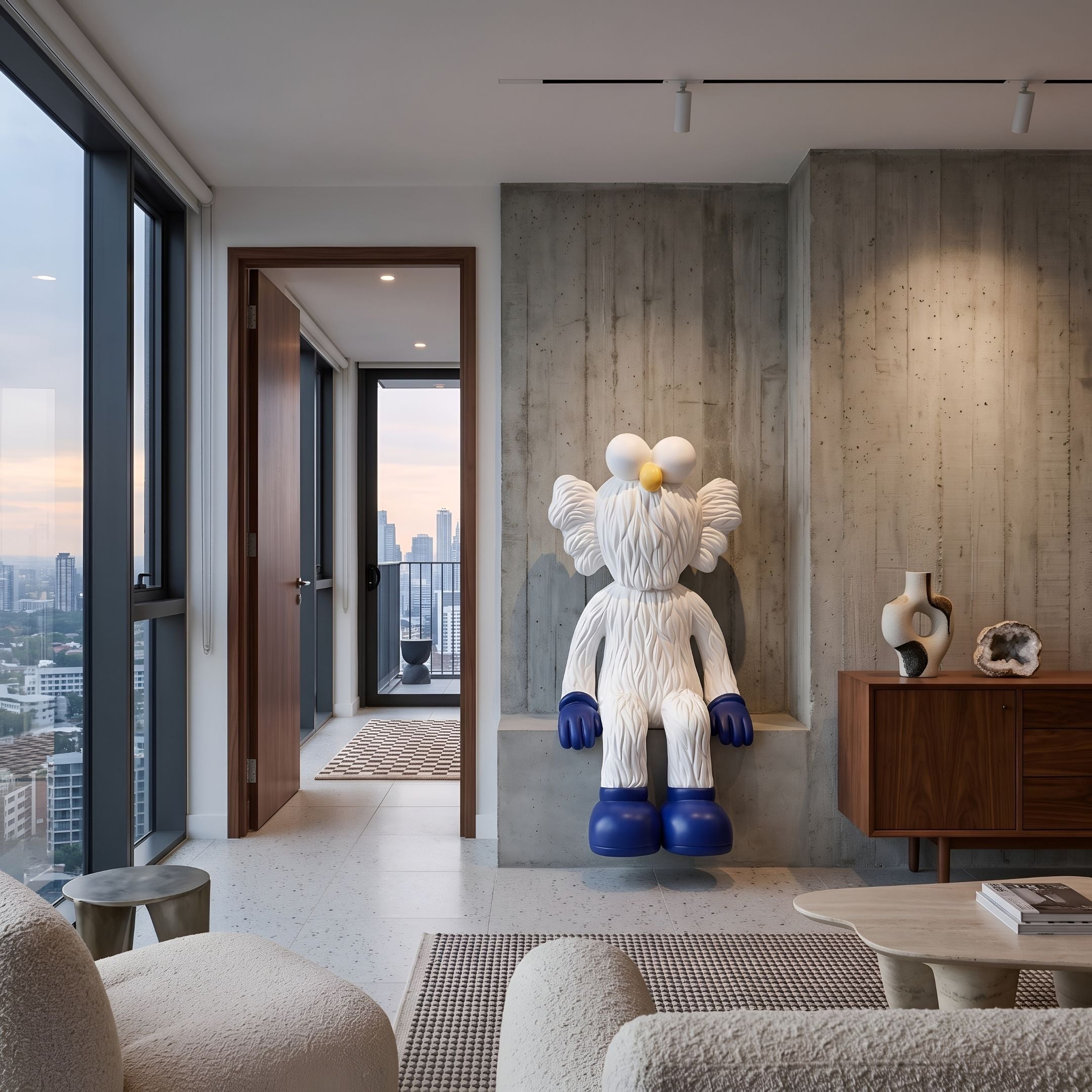 White & Blue Iconify Furry Sitting Sculpture, 140cm, seated on a concrete wall niche in a living room beside a wooden sideboard and city-view window.