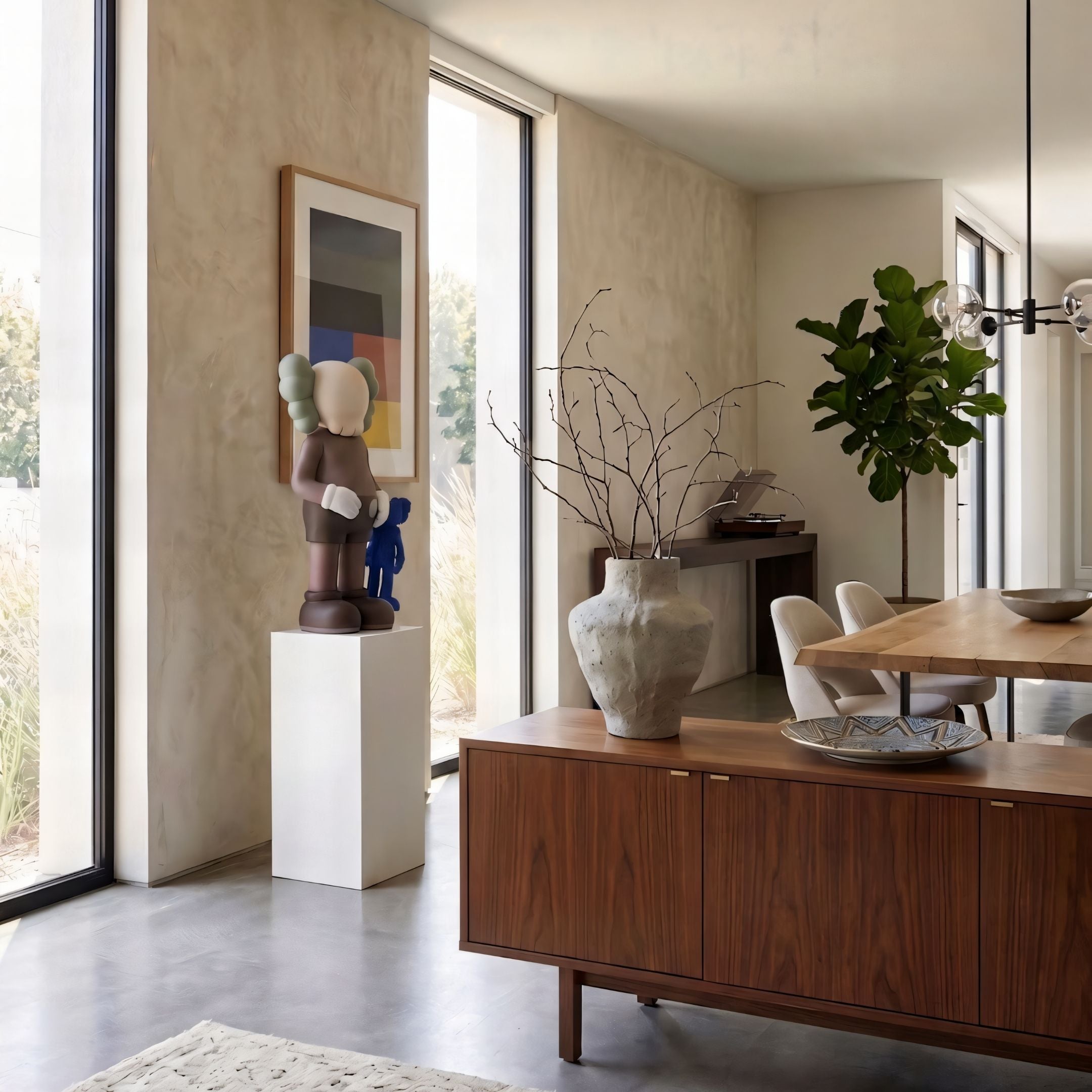 Hartdale Brown & Blue Iconify Furry Toy Sculpture, 145cm fibreglass figure on a white plinth beside a framed print in a modern living room with wood sideboard and dining table.