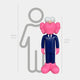 Deep Navy Blue Suit Iconify CEO Sculpture by Giant Sculptures, 147cm pink figure in navy suit shown beside a grey human silhouette for scale reference.
