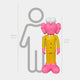 The Giant Sculptures Sunbeam Yellow Suit Iconify CEO Sculpture - 147cm, a pink cartoonish figure with big white eyes, stands before a height chart, appearing slightly shorter than a 160cm gray human silhouette.