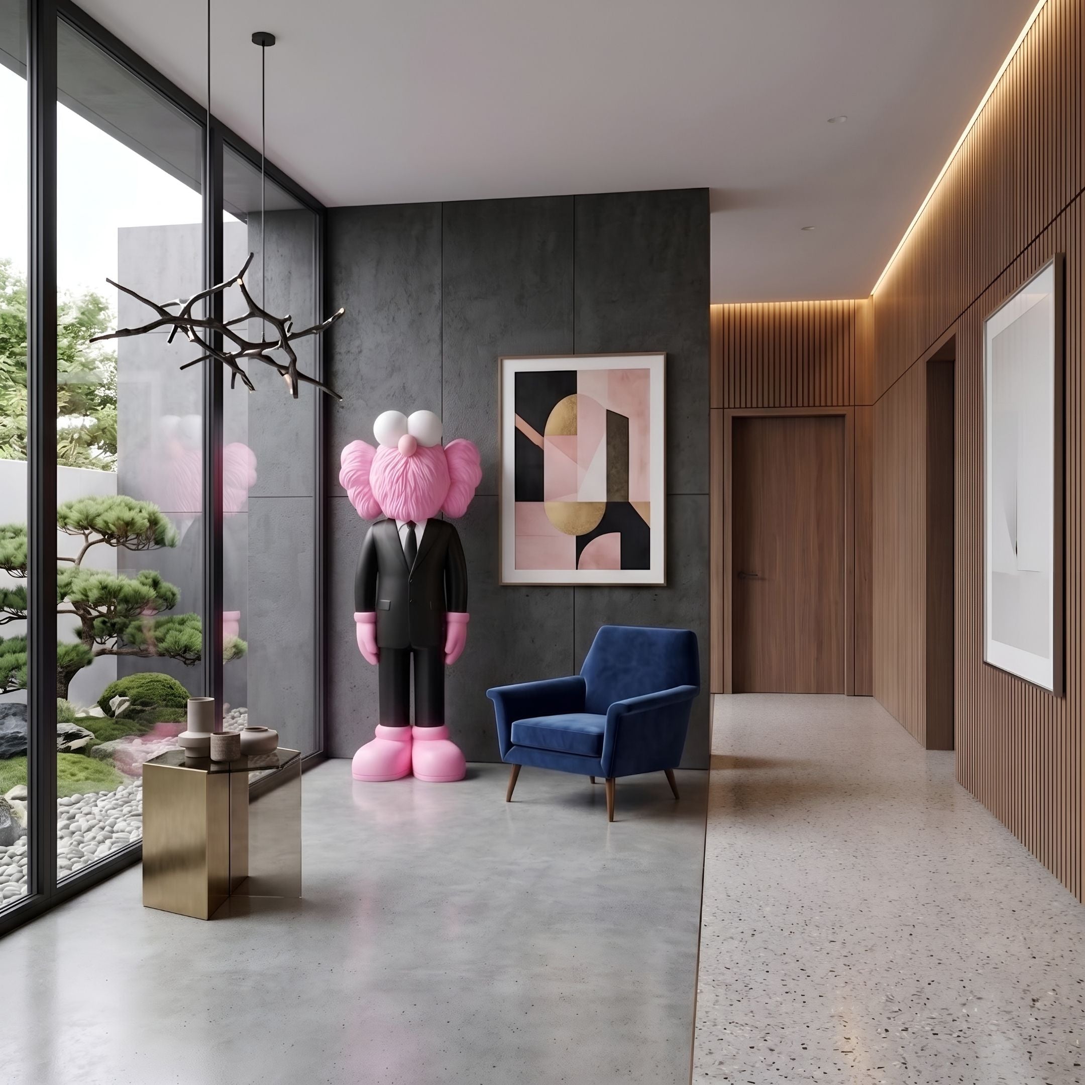 Black Suit Iconify CEO Sculpture, 147cm, standing in a modern hallway with pink fur-textured head and hands, black suit, near a blue armchair and abstract wall art.