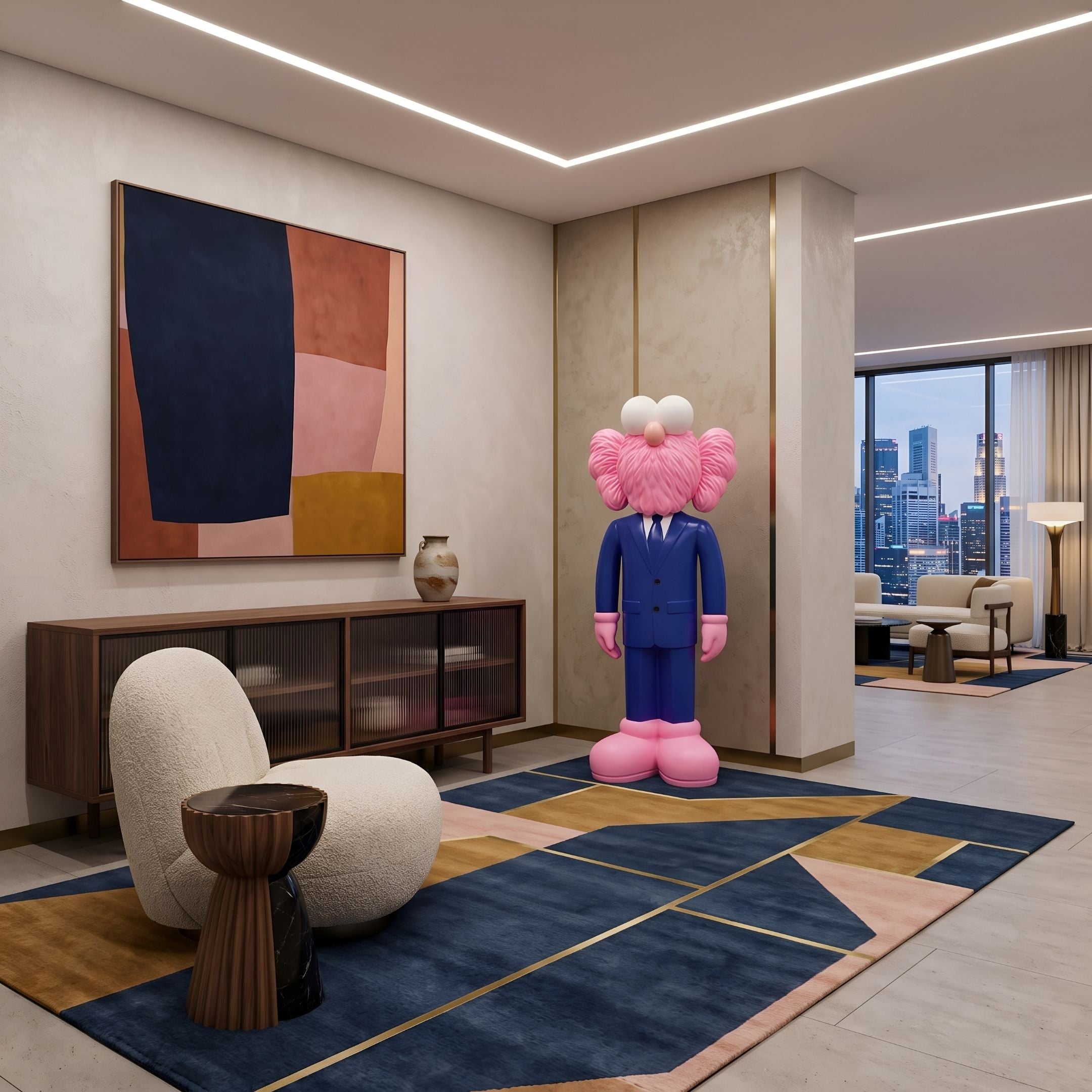 Cobalt Blue Suit Iconify CEO Sculpture, 147cm, pink head and hands, standing on a patterned rug in a living room beside a sideboard and abstract wall art.