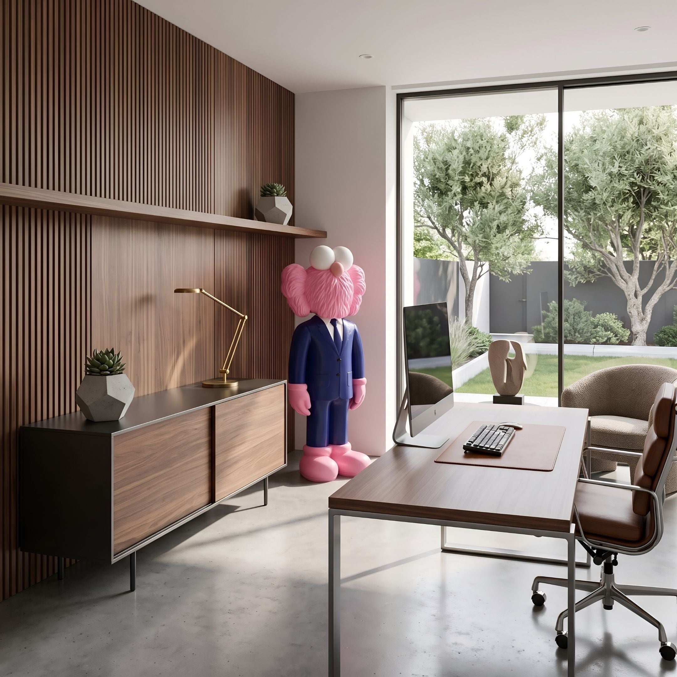 Deep Navy Blue Suit Iconify CEO Sculpture, 147cm pink figure with rabbit-like ears in a navy suit, displayed in a wood-paneled home office beside a desk.