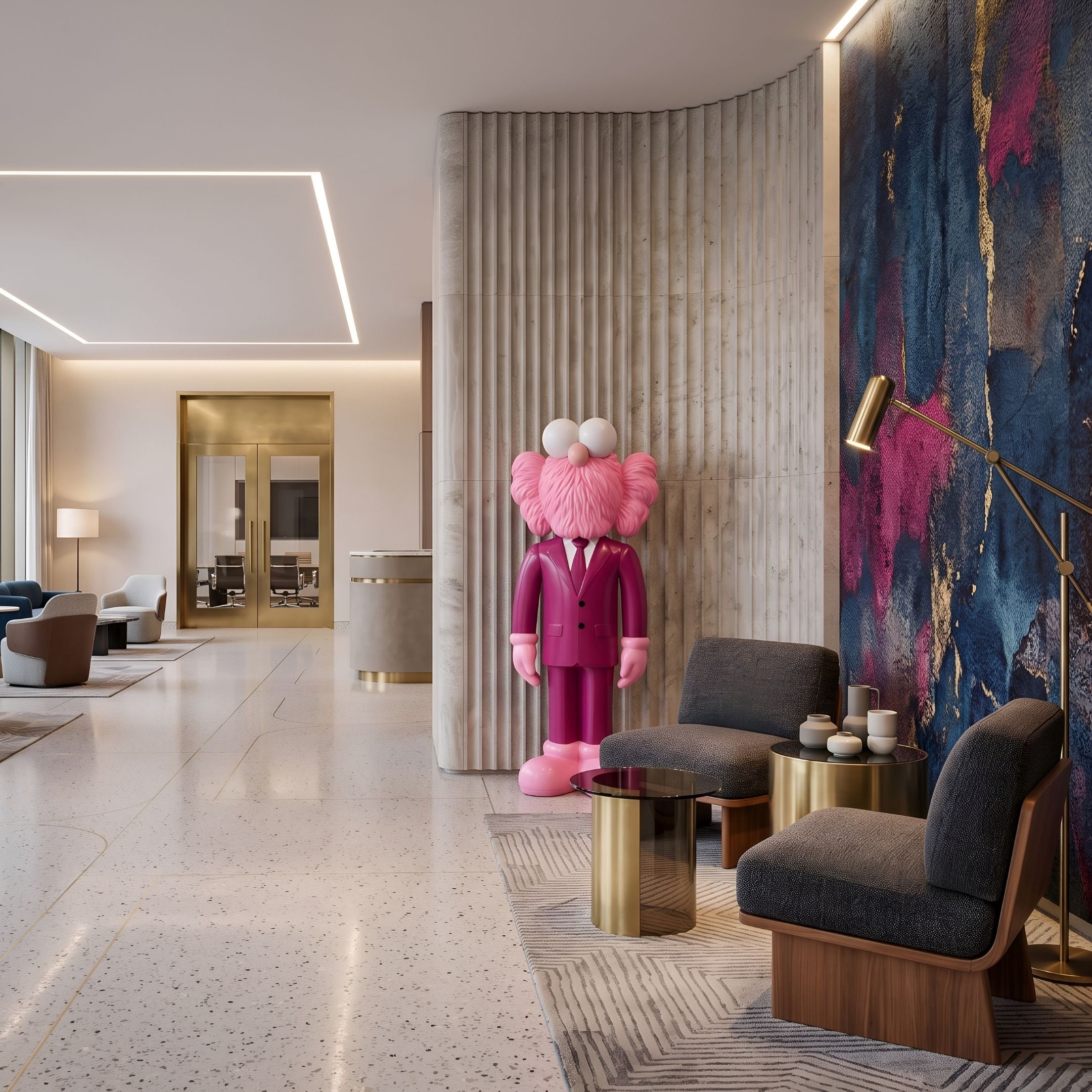 Deep Magenta Suit Iconify CEO Sculpture, 147cm, standing in a modern lounge beside dark armchairs and a colorful abstract wall panel.
