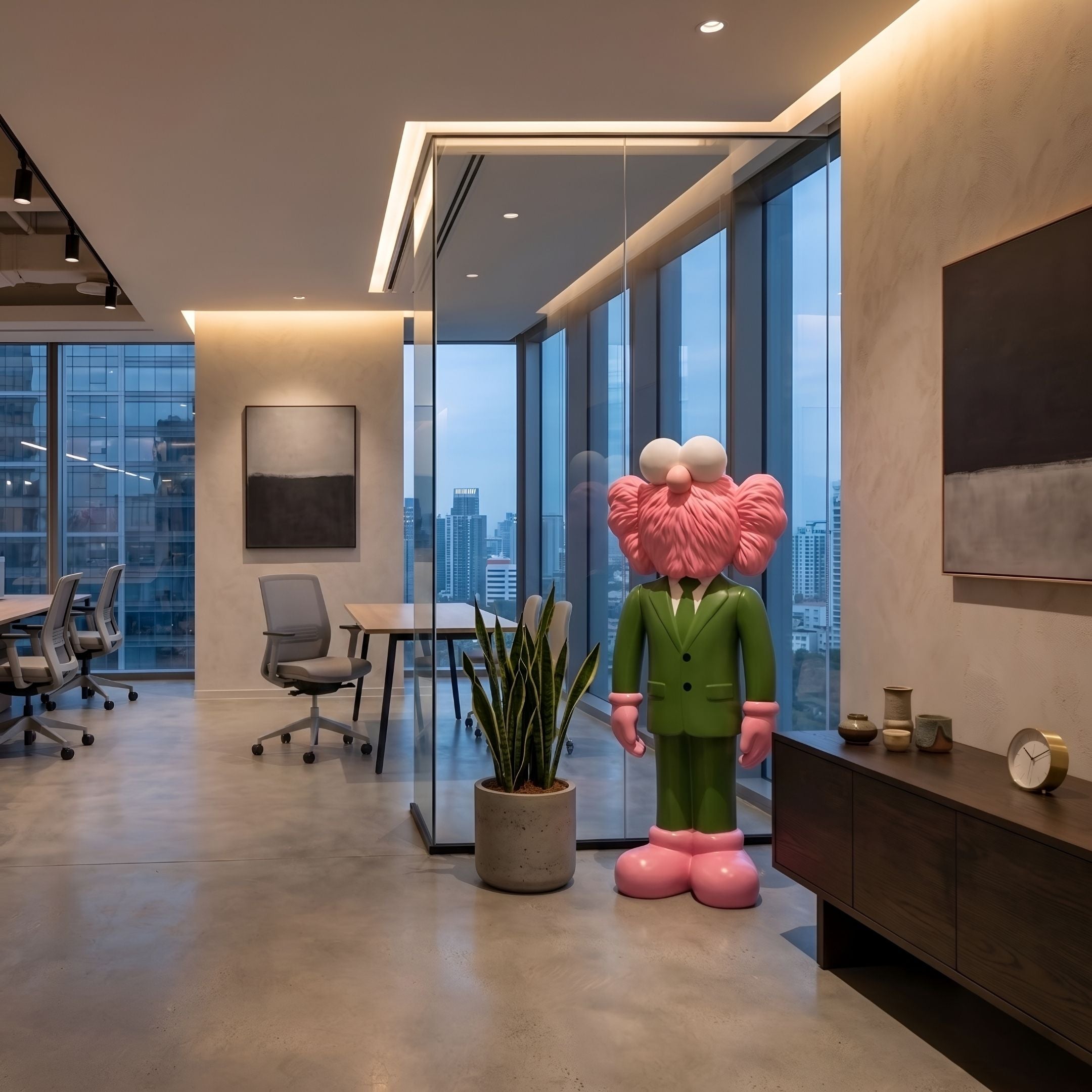 Forest Green Suit Iconify CEO Sculpture, 147cm, pink figure in a green suit, displayed in an office lobby near a wood credenza and city-view windows.