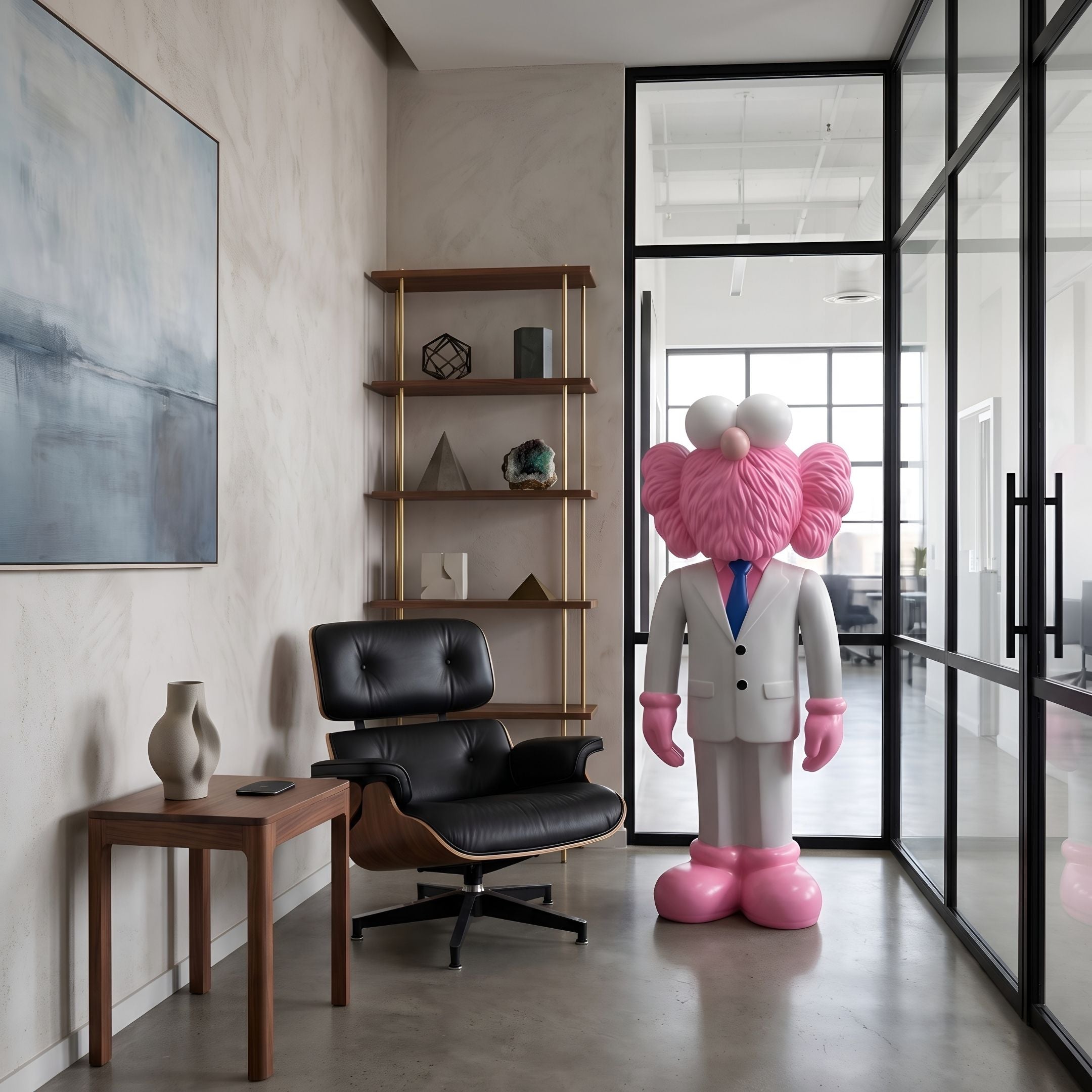 White Suit Iconify CEO Sculpture, 147cm, pink head and hands with white suit and blue tie, standing near glass doors, bookshelf, and black lounge chair.