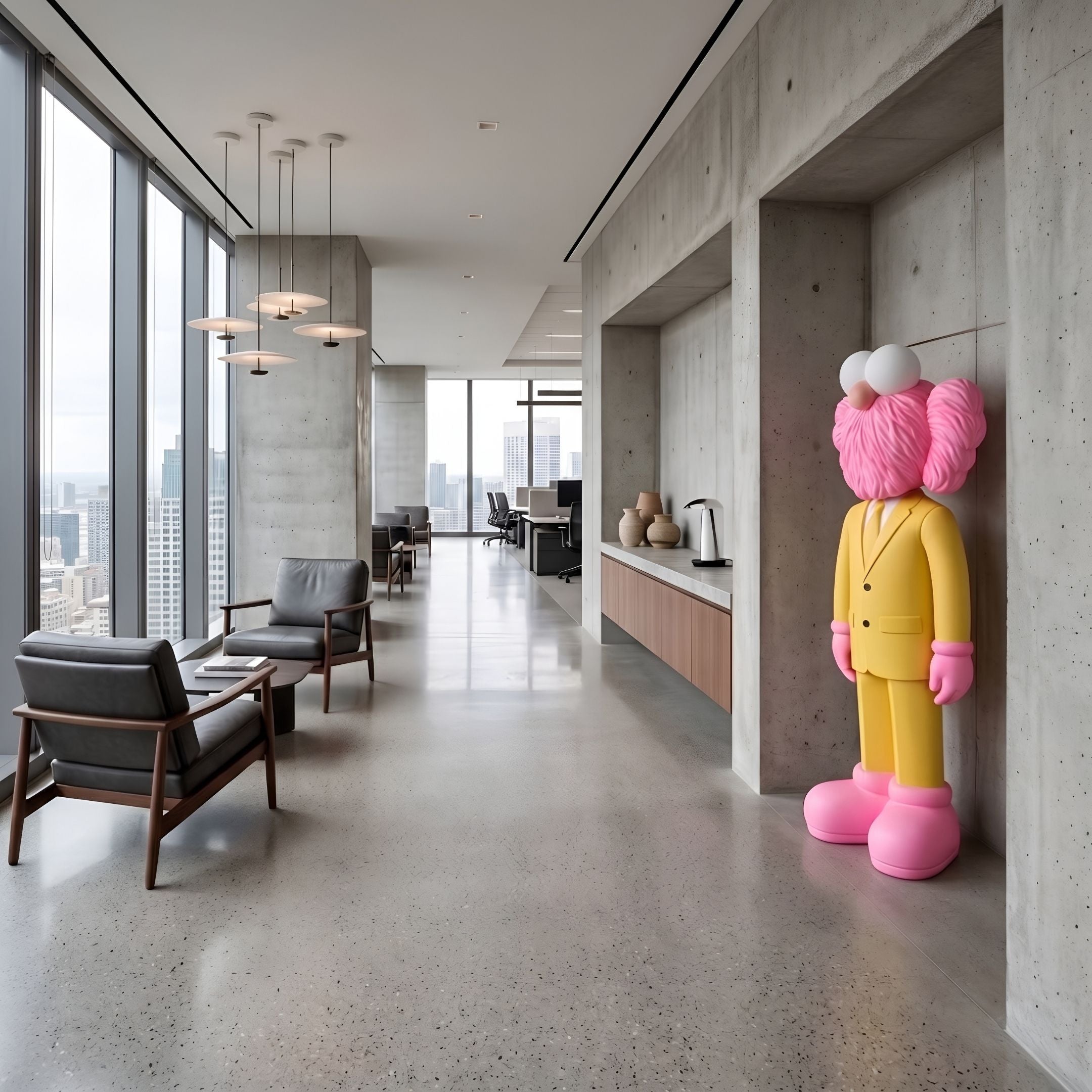 Sunbeam Yellow Suit Iconify CEO Sculpture, 147cm, in pink and yellow with oversized eyes, standing in a concrete-walled office corridor near lounge chairs.