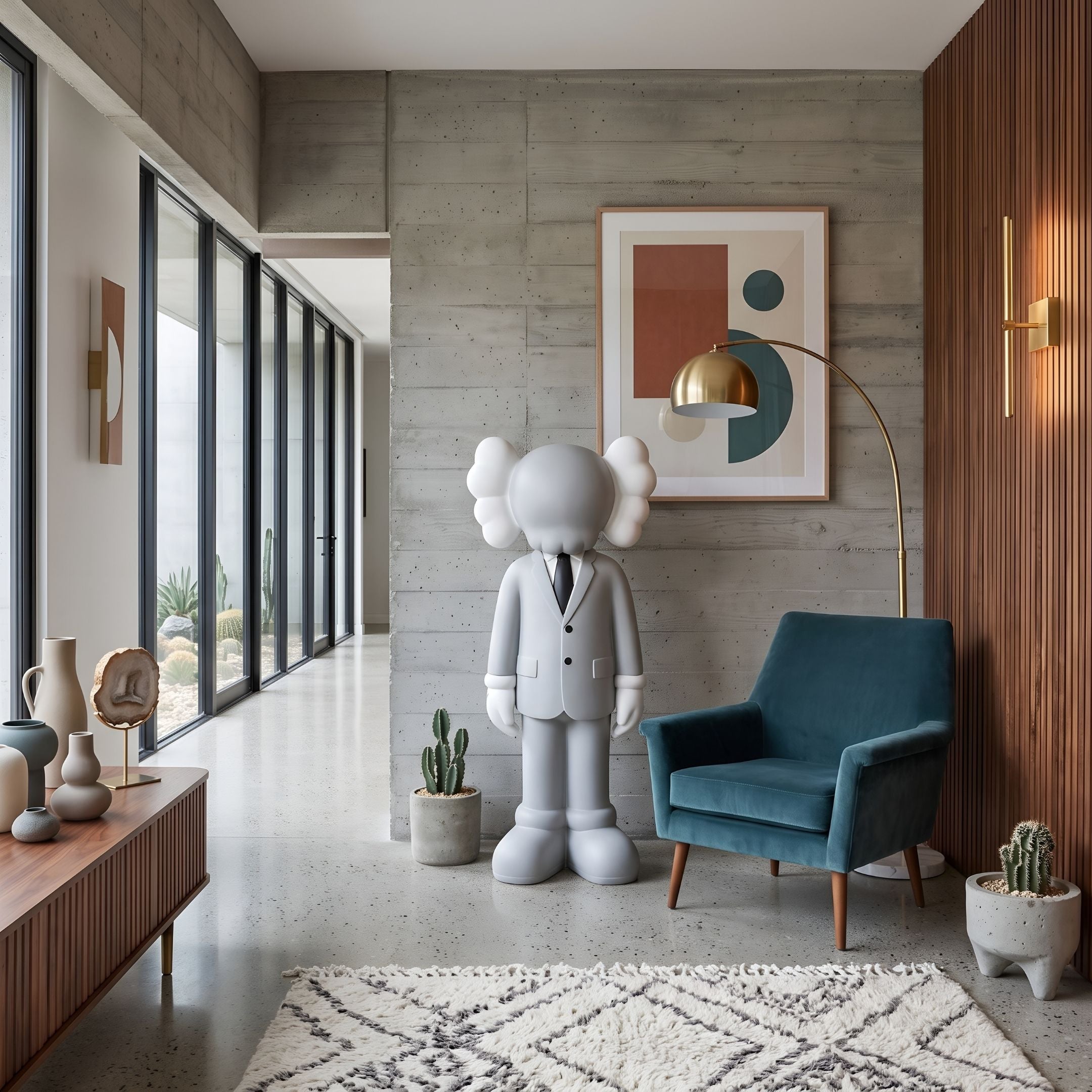 Soft Grey Suit Iconify Director Sculpture, 150cm, standing in a tailored grey suit beside a teal armchair and gold arc lamp in a modern living room.