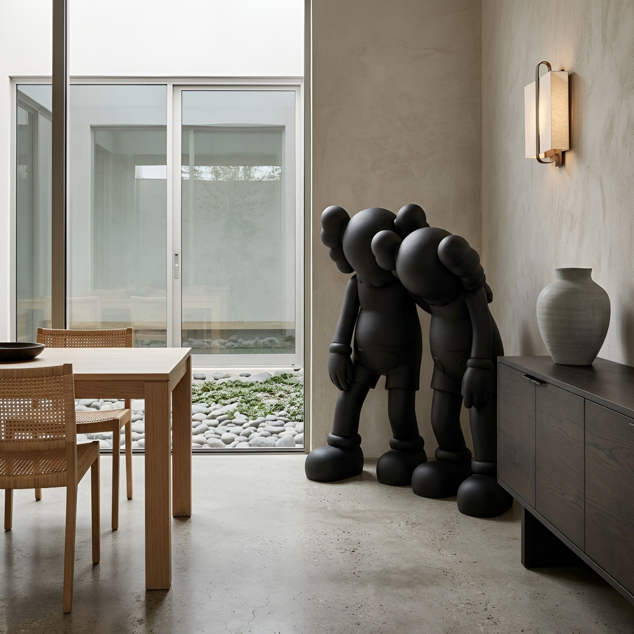 Midnight Black Iconify Friendship Sculpture, 150cm, two matte black cartoon-style figures standing together in a dining room beside a wooden table and sideboard.
