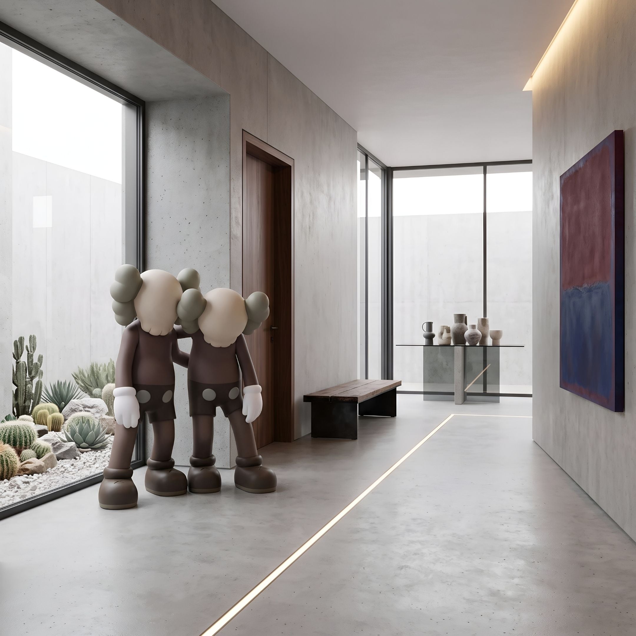 Hazelnut Brown Iconify Friendship Sculpture, 150cm, two embracing resin figures in a hallway with concrete walls, bench, console table, and wall art.