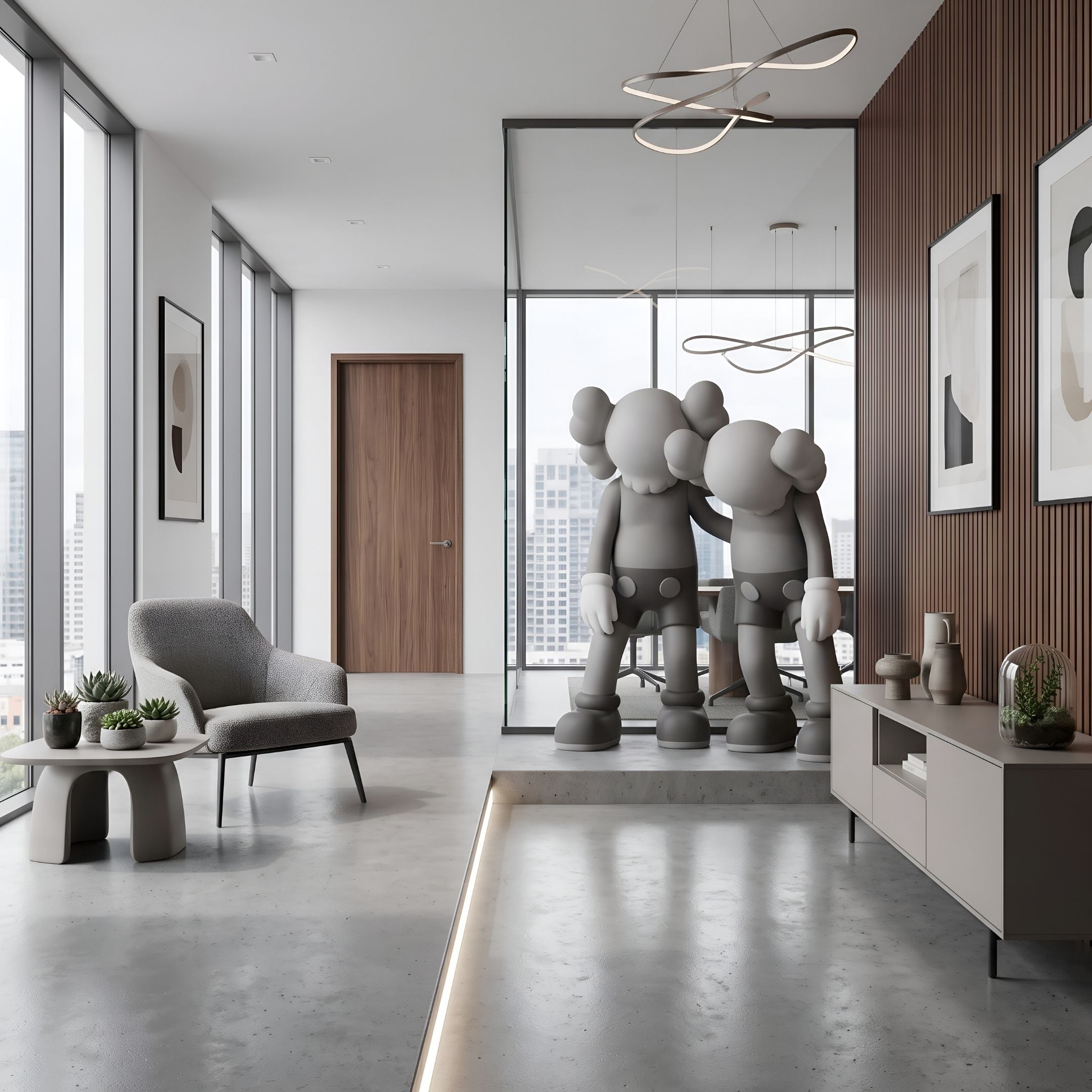 Slate Grey Iconify Friendship Sculpture, 150cm, three cartoonish figures with one arm around the others, shown in a modern lounge near a grey armchair and floor-to-ceiling windows.