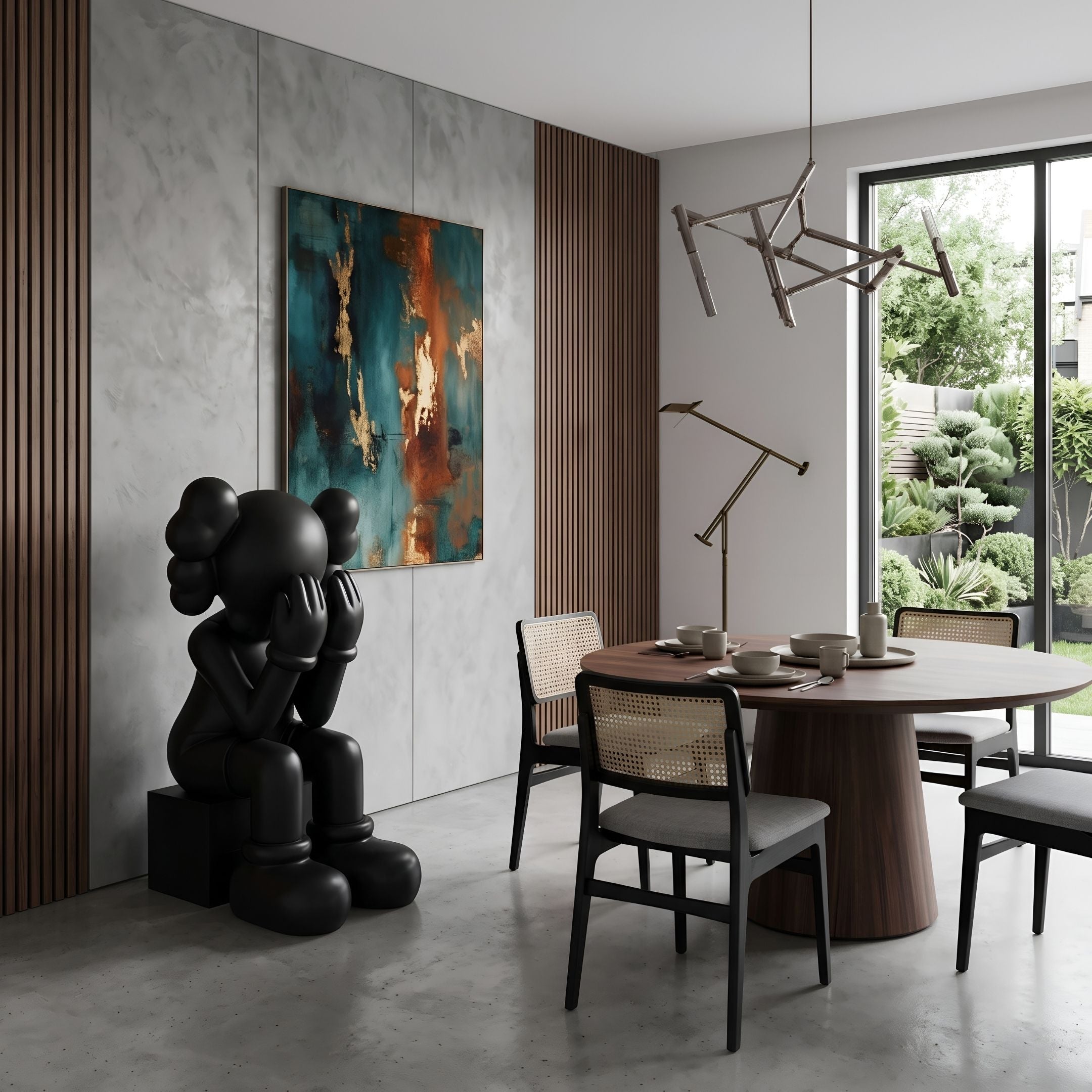 Midnight Black Iconify Melancholy Sitting Sculpture (163cm) on a pedestal in a dining room, seated figure with face in gloved hands beside a round wood table and abstract wall art.