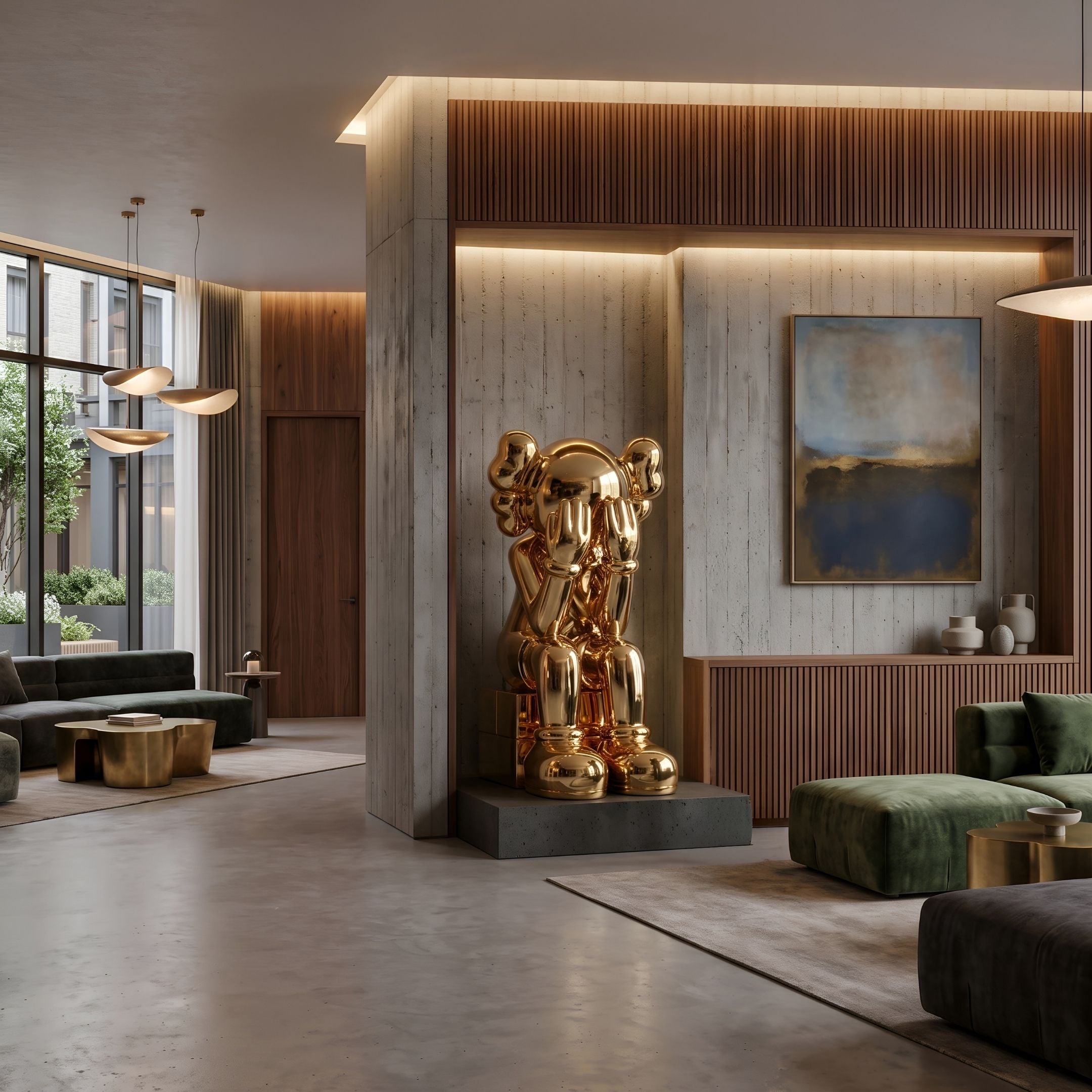 Antique Gold Iconify Melancholy Sitting Sculpture, 163cm, seated on a stone plinth in a living room with green sofas and wood-paneled walls.