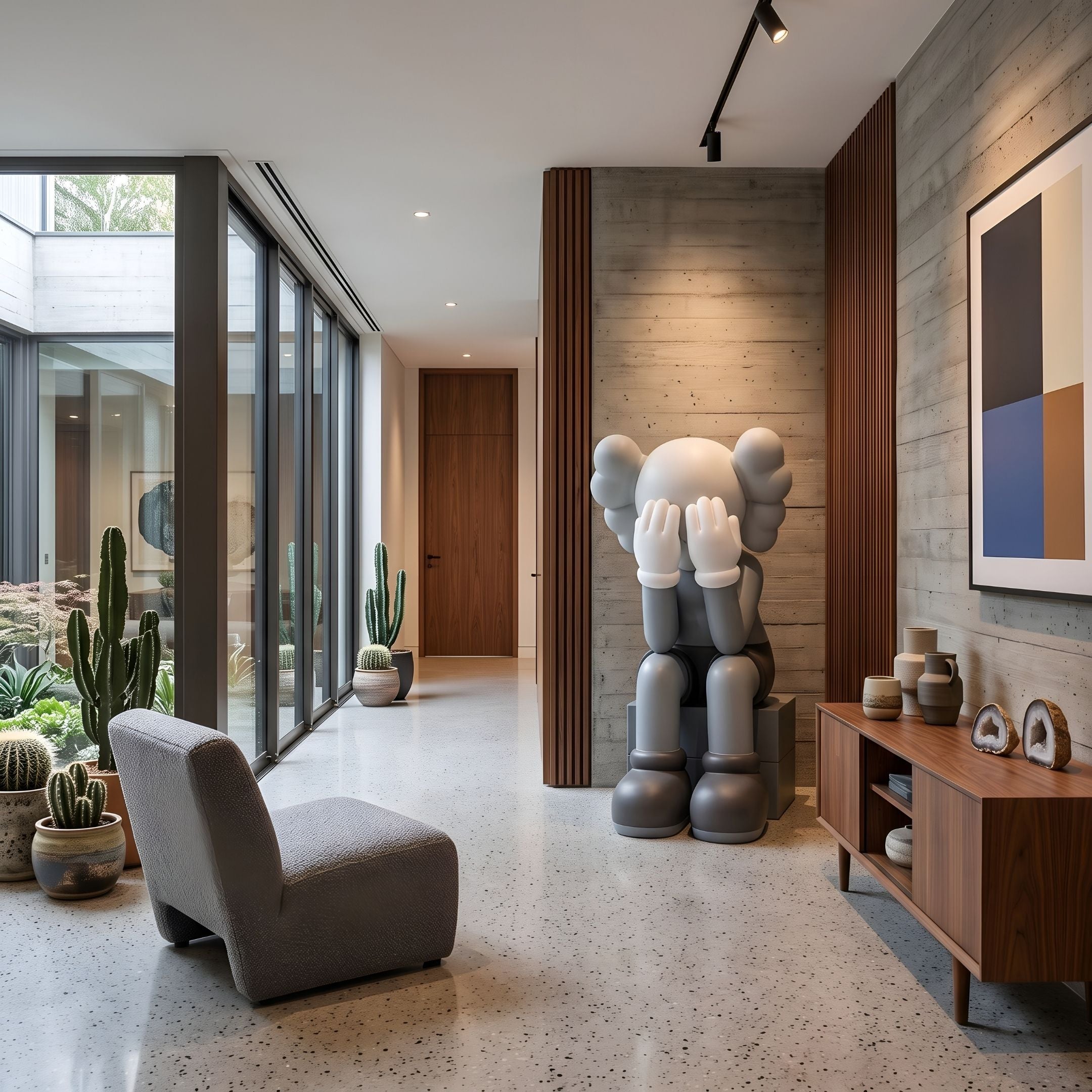 Slate Grey Iconify Melancholy Sitting Sculpture, 163cm resin figure with hands covering its face, seated on a block in a hallway beside a wooden console and cacti.