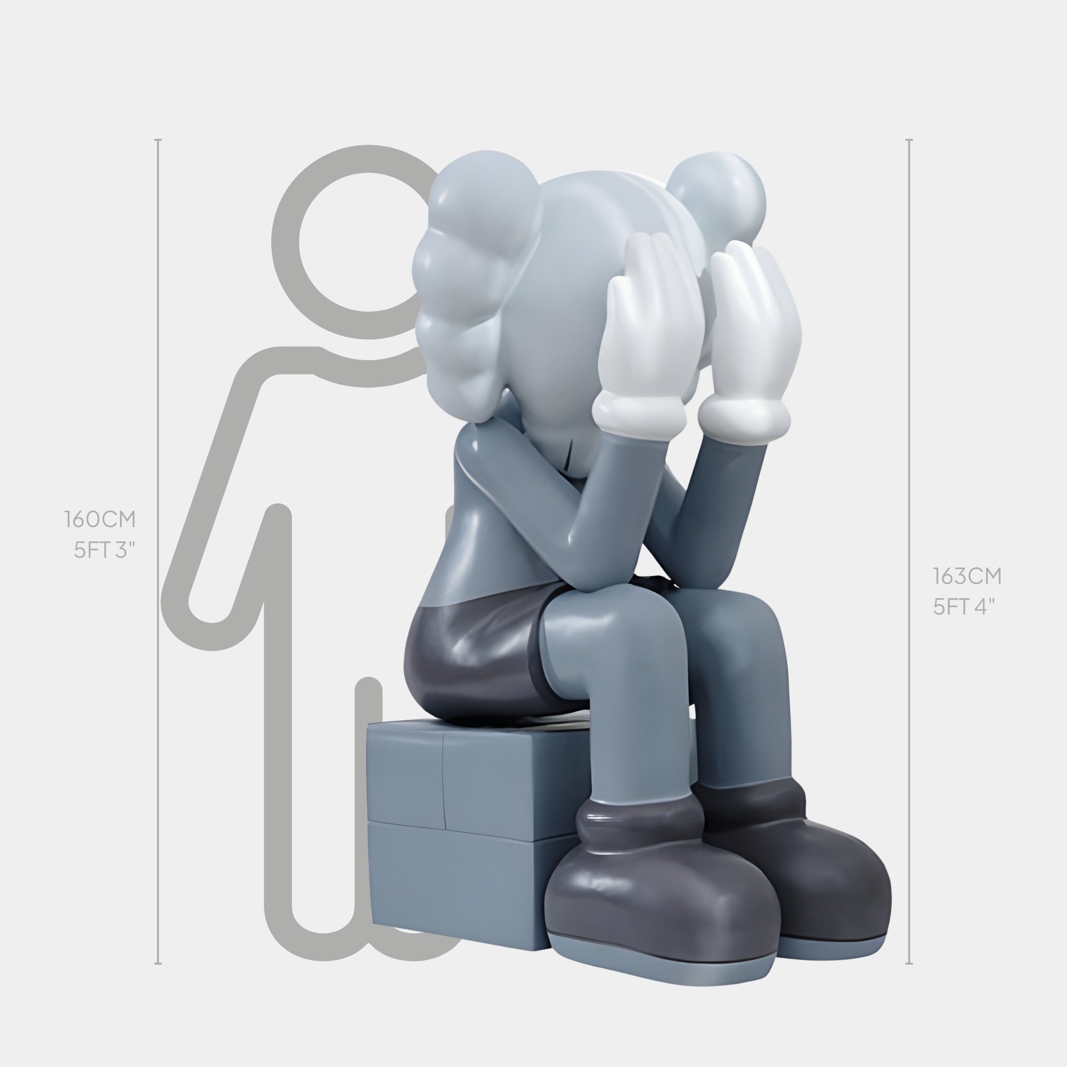 The Slate Grey Iconify Melancholy Sitting Sculpture (163 cm) by Giant Sculptures depicts a stylized figure with large hands covering its face, seated on a block, alongside a 160 cm line drawing that embodies modern artistry.