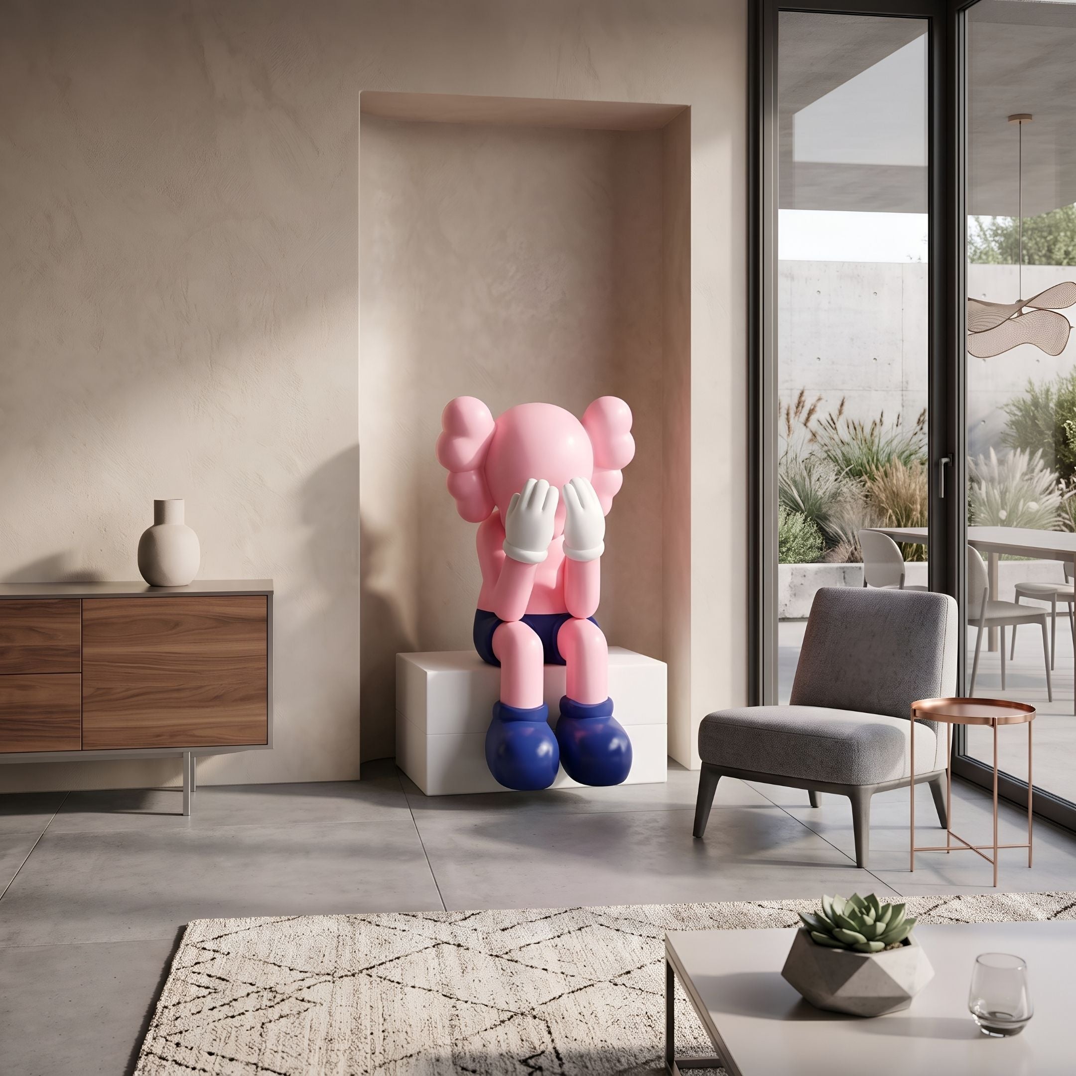 Petal Pink Iconify Melancholy Sitting Sculpture, 163cm, seated in a wall niche with hands over its face, blue shoes and shorts, in a living room with a wood sideboard and grey armchair.