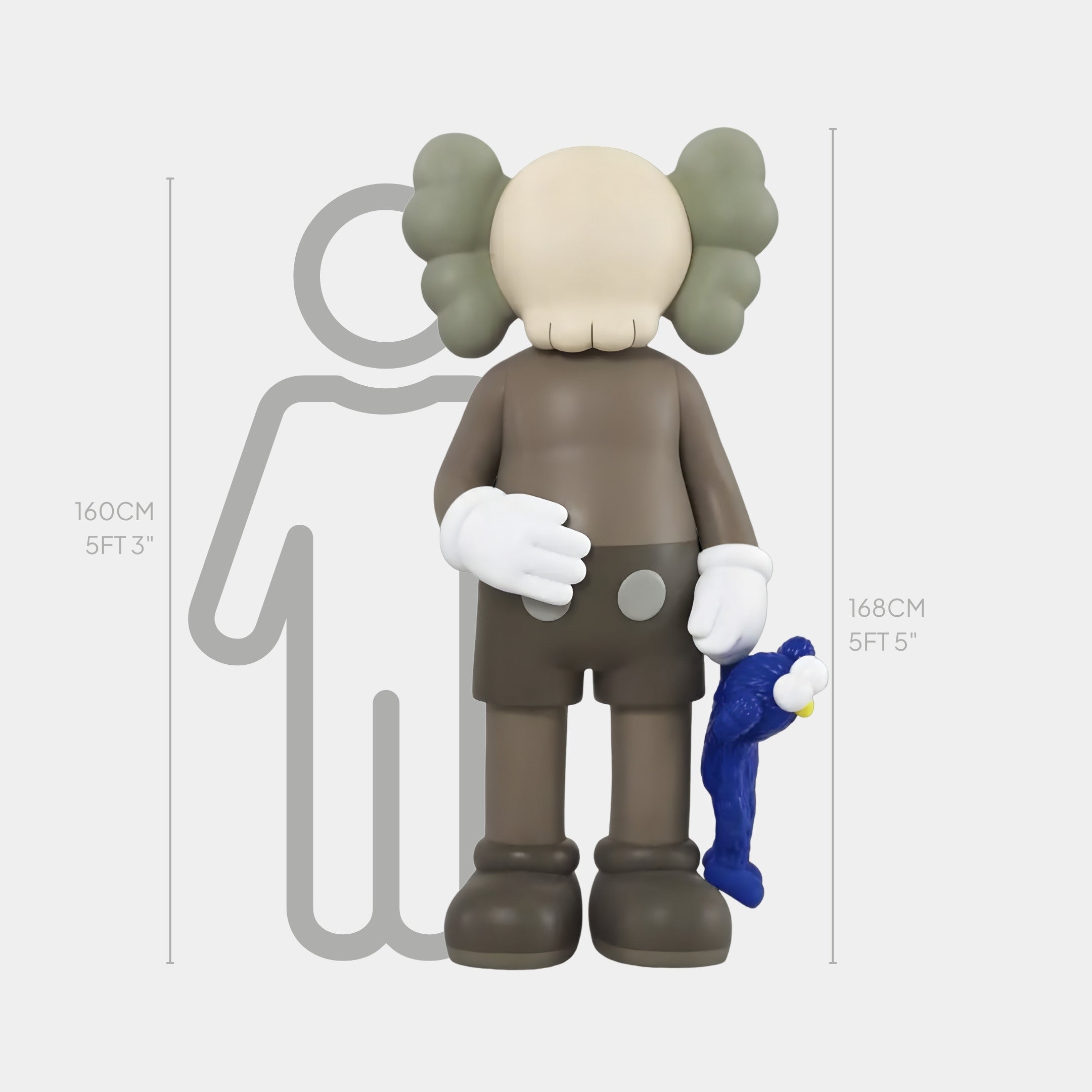 The Giant Sculptures Hazelnut Brown Iconify features a large gray cartoon-like figure with gloved hands holding a smaller blue furry toy sculpture. Standing 168 cm tall, it embodies modern sensibility against a white backdrop, highlighted by an adjacent height chart.