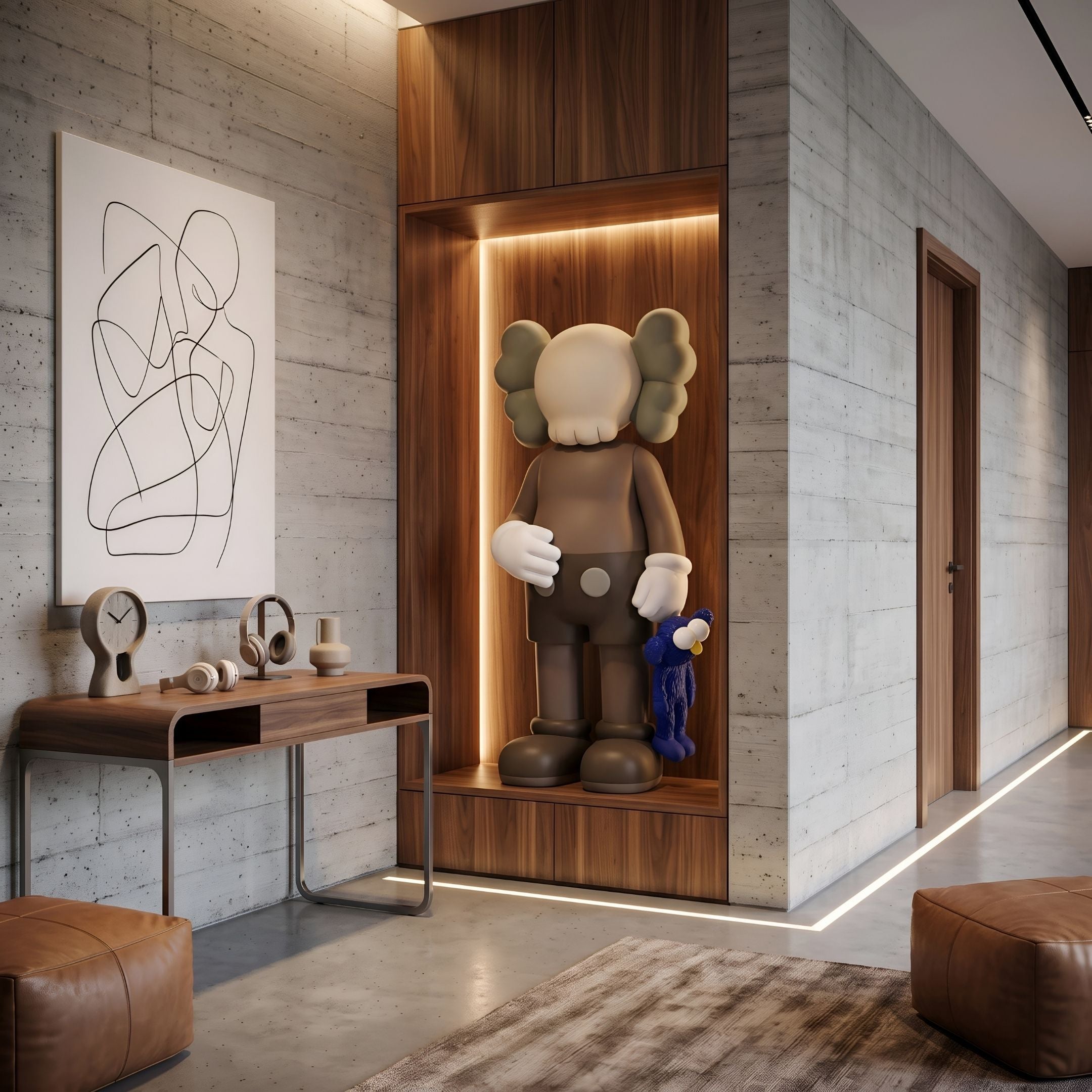 Hazelnut Brown Iconify Blue Furry Toy Sculpture, 168cm, in a wood-paneled niche with white-gloved hands, beside a console table and abstract wall art.
