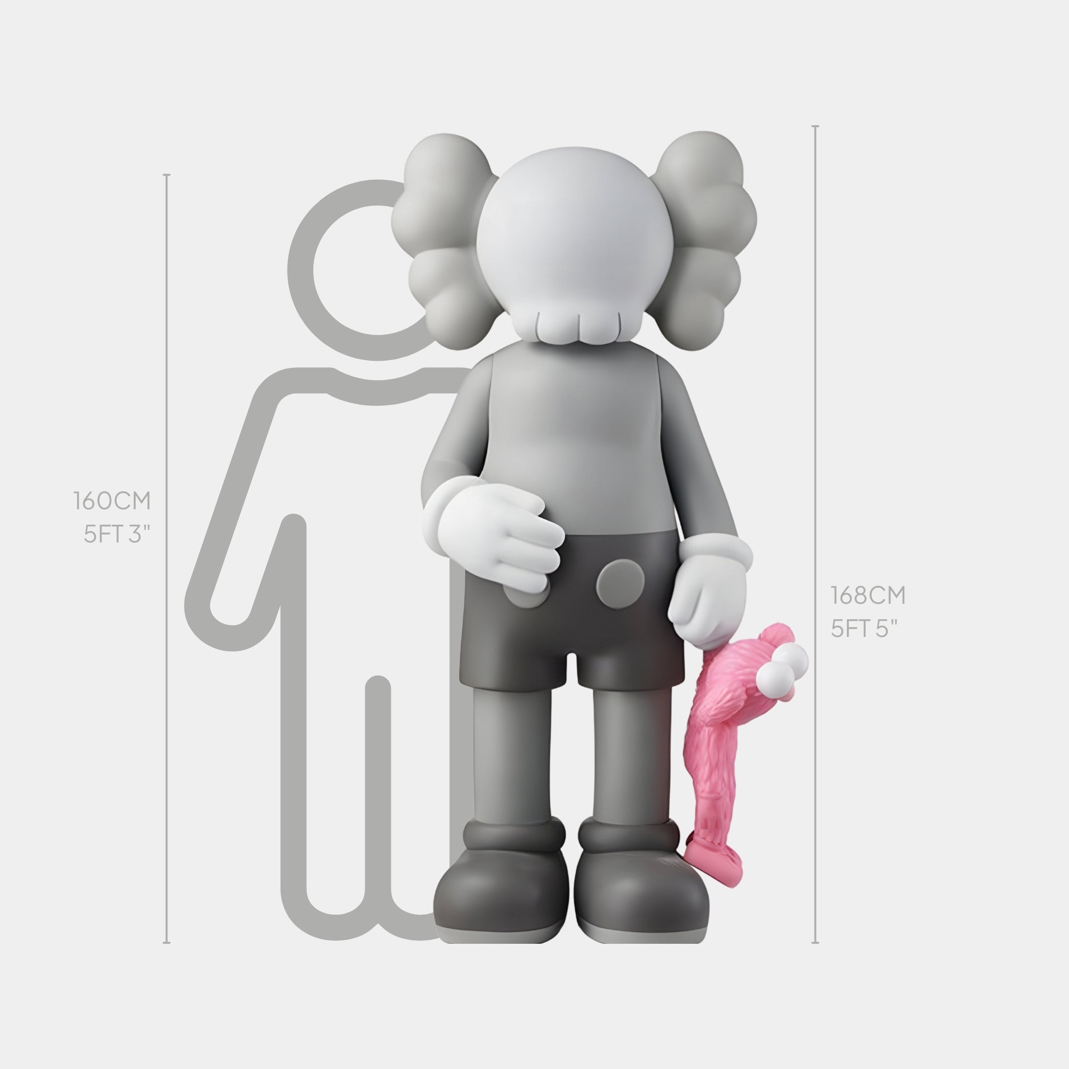 A minimalist gray figure with large hands and X-shaped eyes holds a 168cm Soft Grey Iconify Pink Furry Toy Sculpture from Giant Sculptures, showcasing its contemporary design beautifully against height markers at 160cm and 168cm.