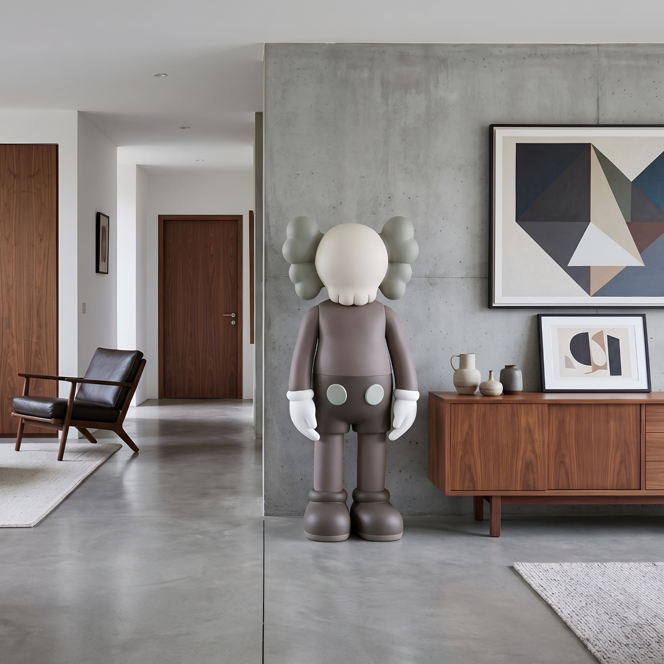 Hazelnut Brown Iconify Standing Sculpture, 168cm, resin figure with crossed-out eyes and gloved hands, shown against a concrete wall near a walnut sideboard.
