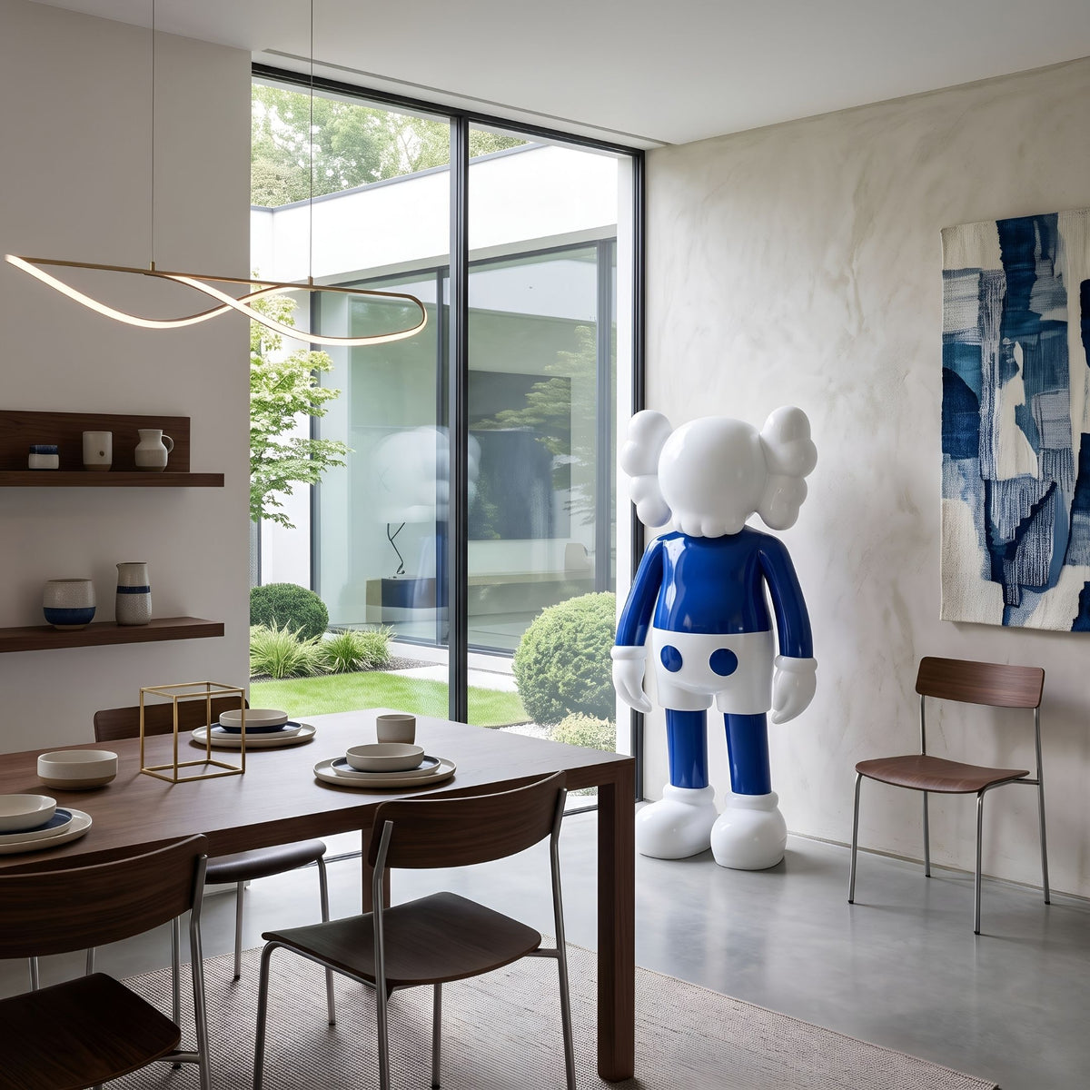 Ex-Display Deep Blue Iconify Standing Sculpture, 168cm, in blue and white resin, displayed in a dining room near a wood table and wall art.