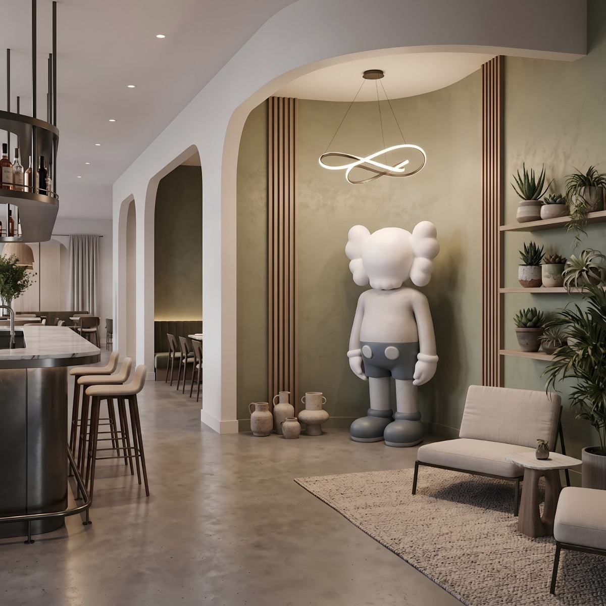 Ex-Display Slay Grey Iconify Standing Sculpture, 168cm, in a lounge with green wall paneling, potted plants, and beige seating.