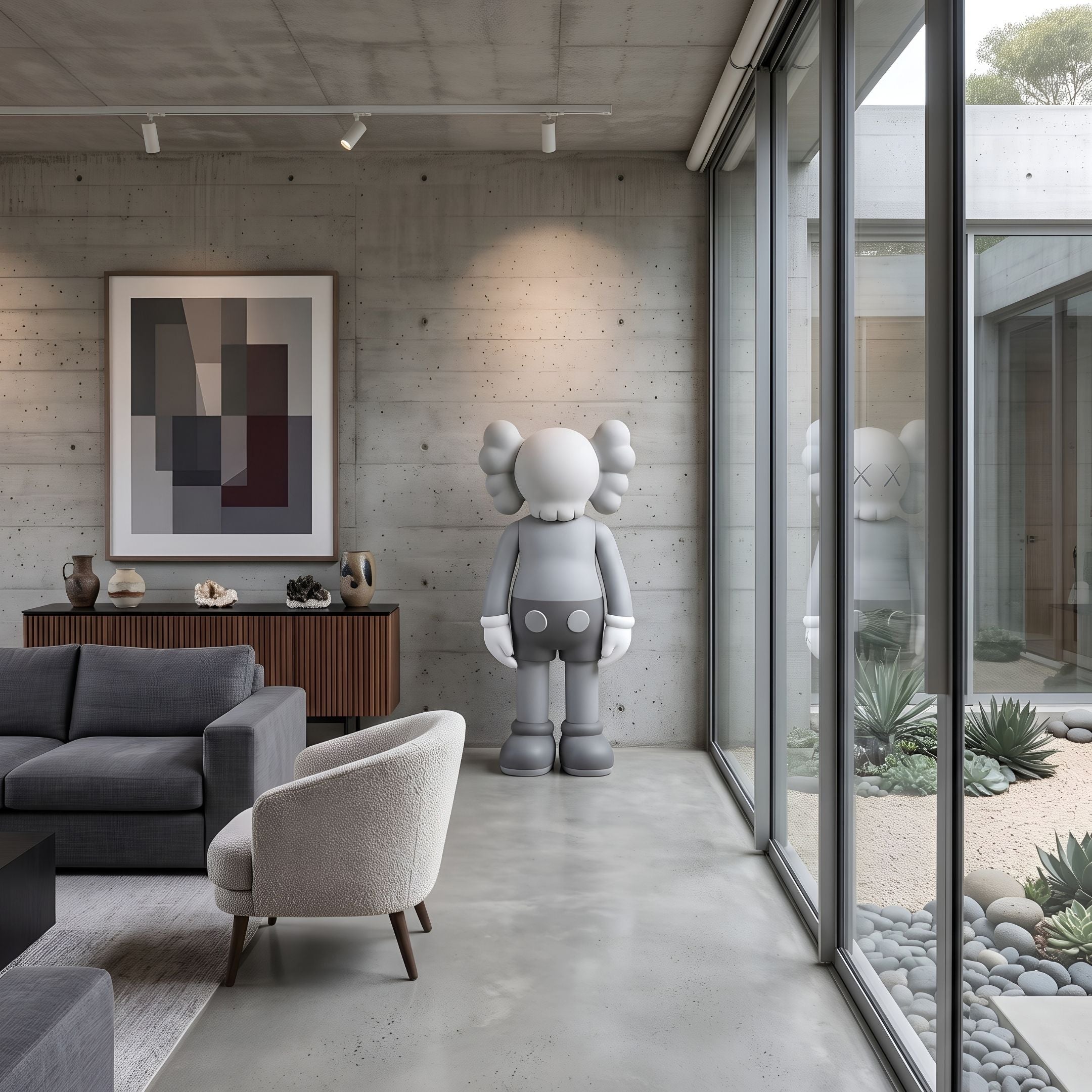 Sofy Grey Iconify Standing Sculpture, 168cm, in a concrete-walled living room beside glass doors, sofa, armchair, and framed wall art.