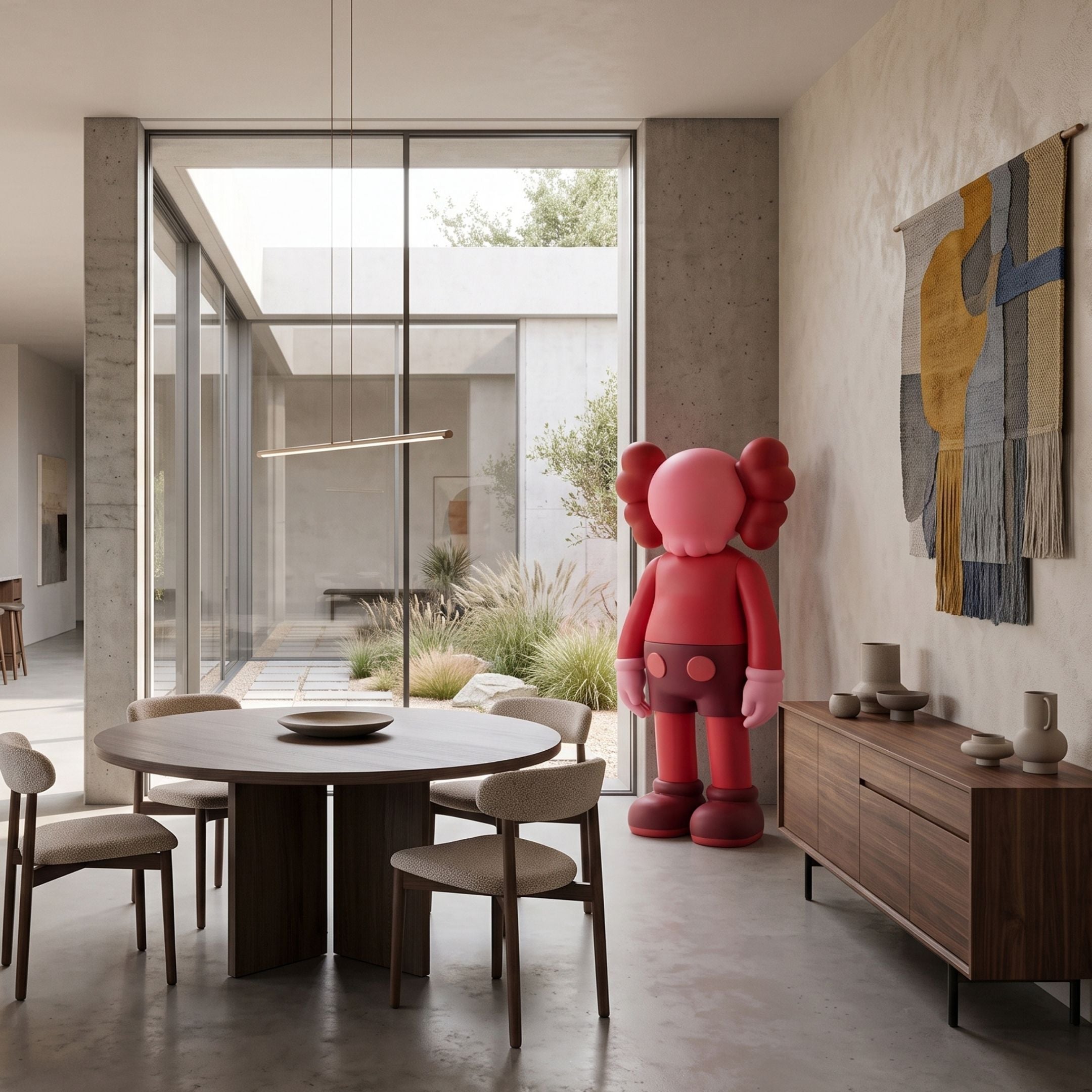 Blush Ruby Iconify Standing Sculpture, 168cm, in a dining room beside a round wood table, walnut sideboard, and woven wall hanging.