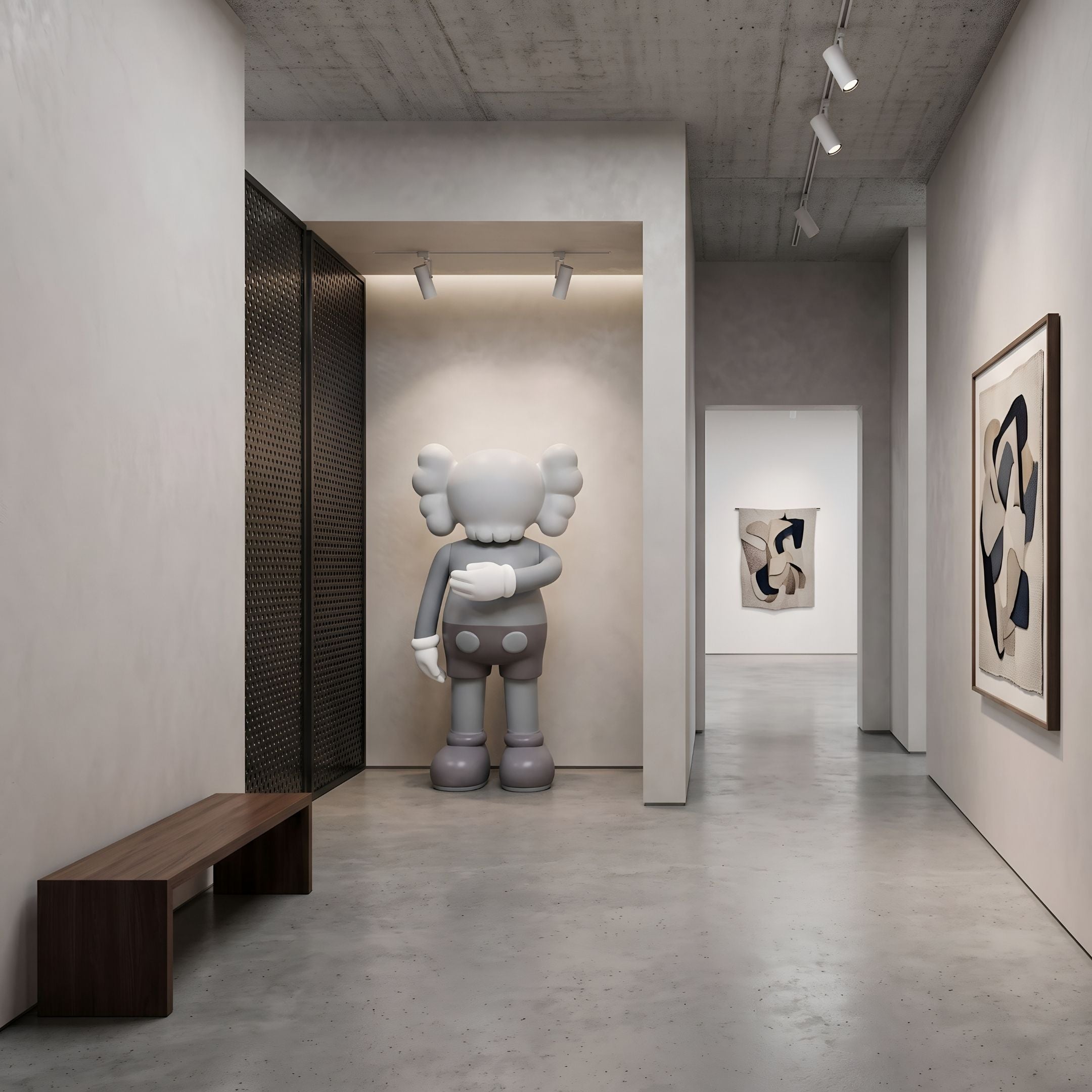 Soft Grey Iconify II Dance Sculpture - 170cm by Giant Sculptures, a grey resin figure with white gloves in a gallery hallway beside framed wall art.