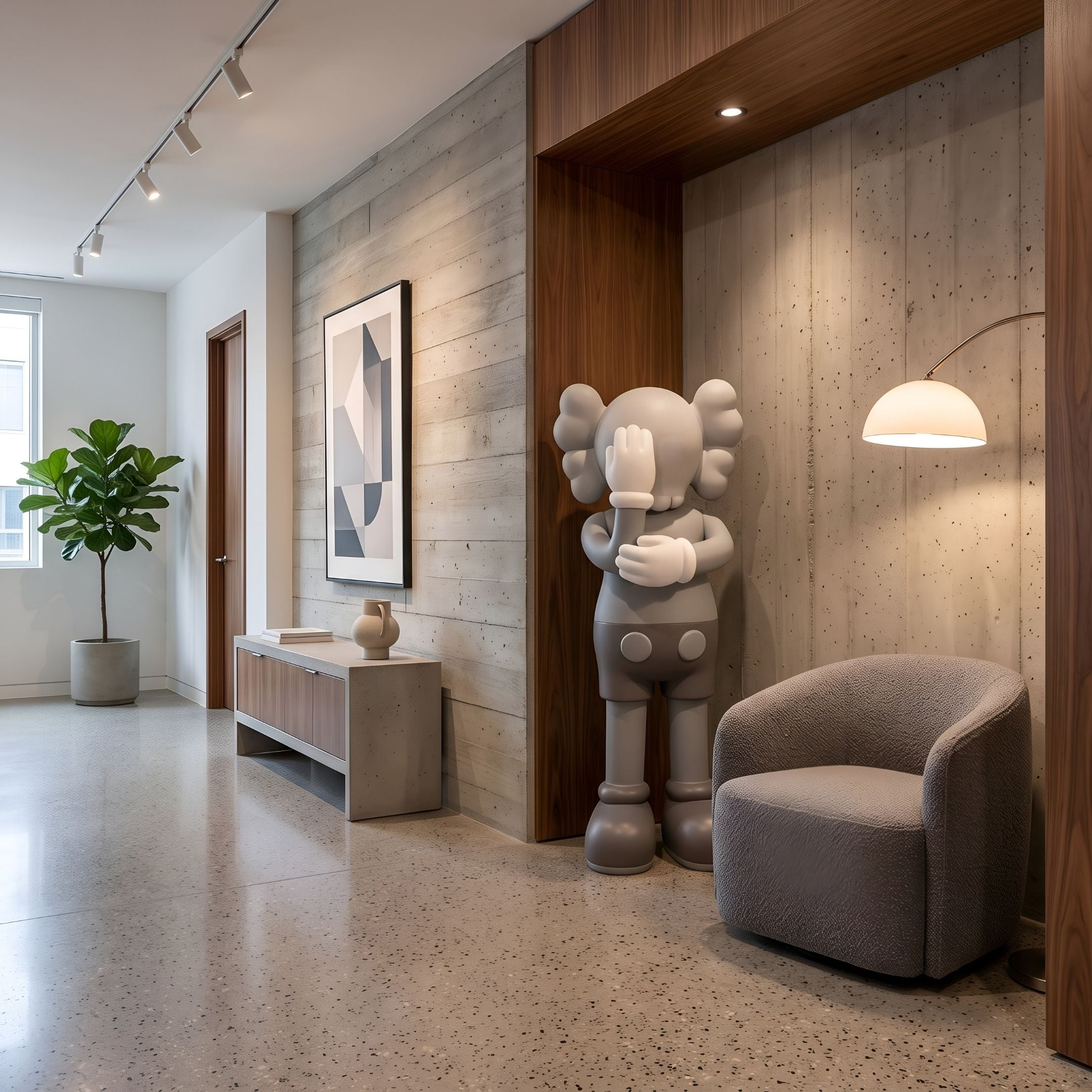 Soft Grey Iconify III Dance Sculpture, 170cm, standing figure with gloved hands covering its face, shown in a wood-paneled hallway beside an armchair and floor lamp.