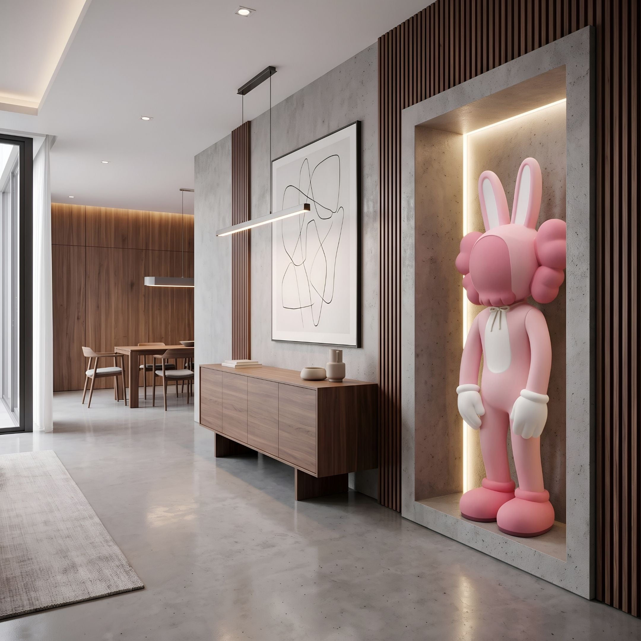 Coral Pink Iconify Rabbit Sculpture, 170cm, in a wall niche with concealed lighting, beside abstract wall art and a wooden sideboard in a modern hallway.