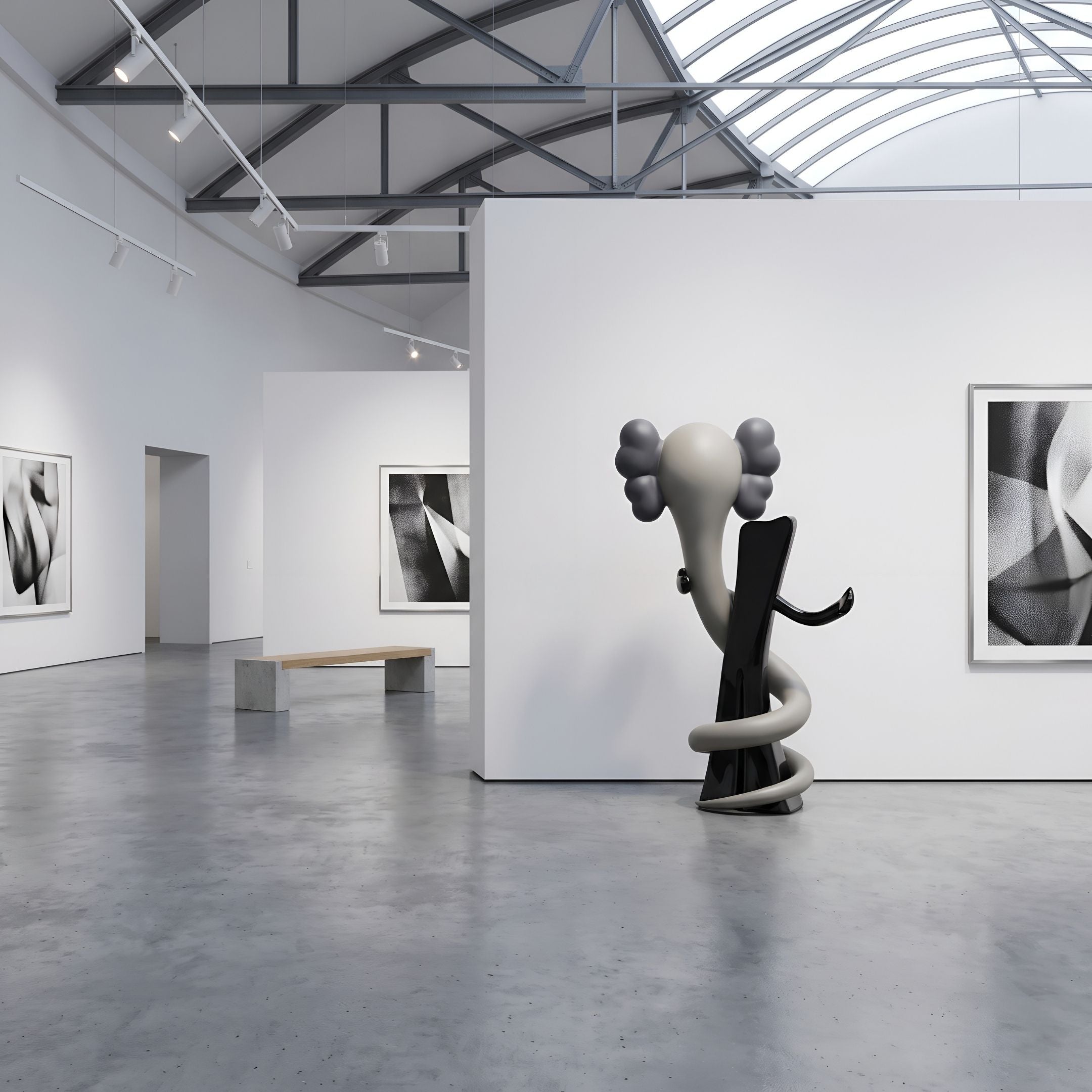 Ash Grey Iconify Snake Sculpture, 176cm, displayed in a gallery with grey and black intertwined figures on a black base near framed wall art.