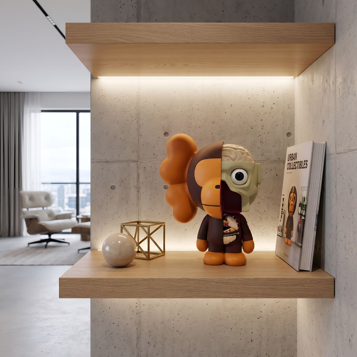 Hazelnut Brown Iconify Monkey Figure, 18cm, with anatomical cross-section design, displayed on a floating wood shelf beside books and decor.