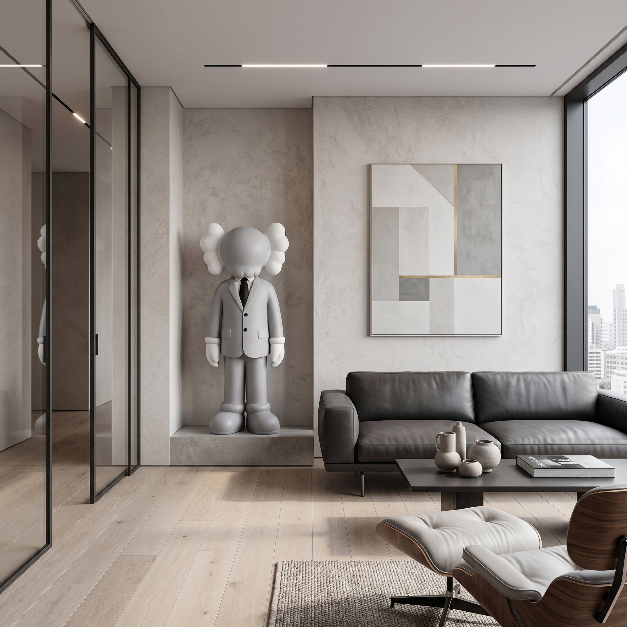 Soft Grey Suit Iconify Director Sculpture, 180cm, standing on a wall niche in a living room beside a leather sofa and framed abstract art.