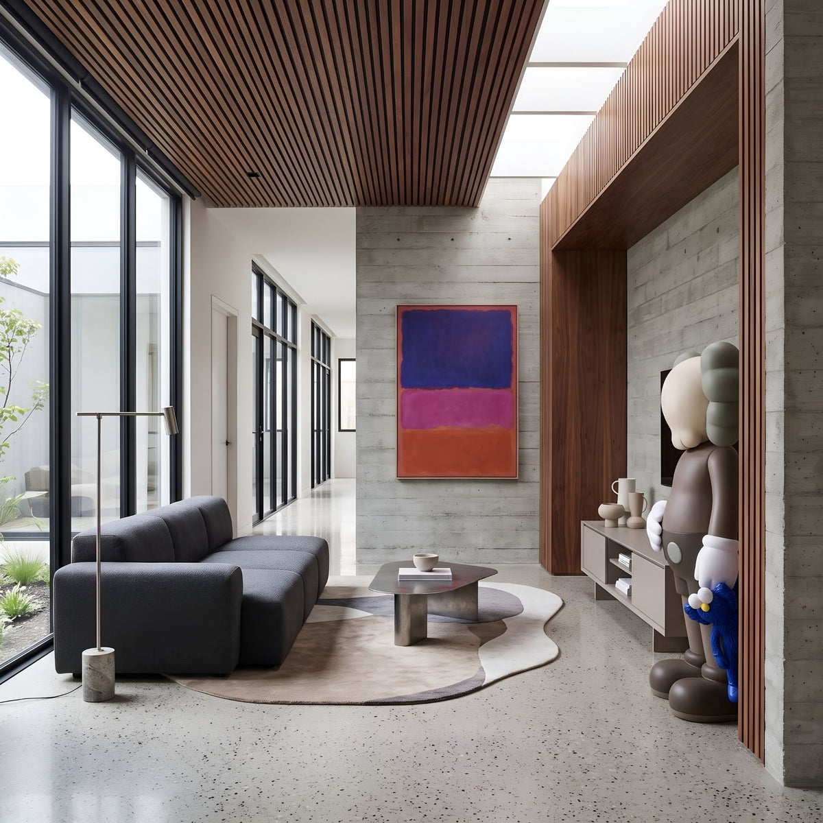 Hazelnut Brown Iconify Blue Furry Toy Sculpture, 180cm, shown beside a media console in a living room with a dark sofa and abstract wall art.