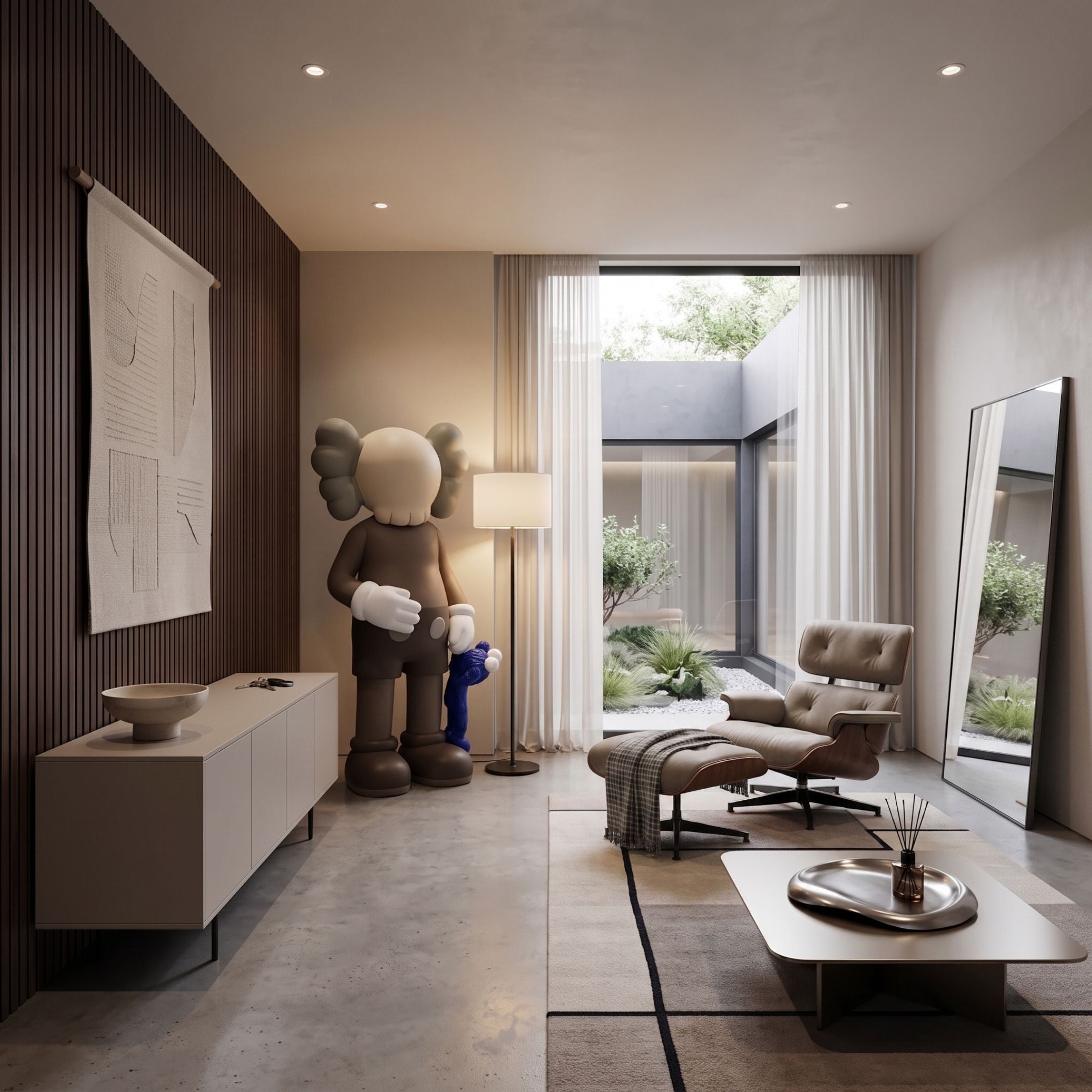 Hazelnut Brown Iconify Blue Furry Toy Sculpture, 180cm resin figure holding a small blue companion, in a living room beside a sideboard and lounge chair.