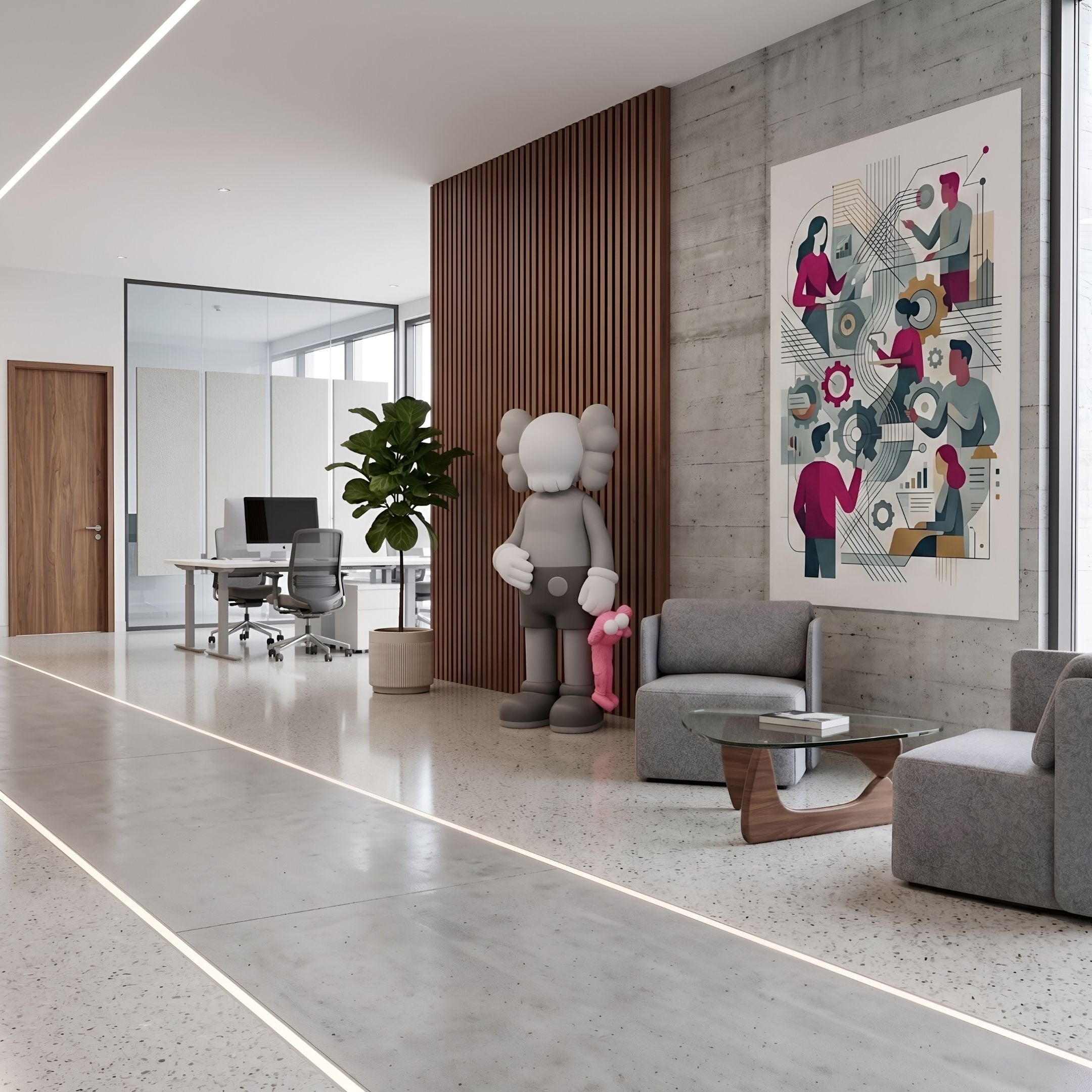 Soft Grey Iconify Pink Furry Toy Sculpture, 180cm, in an office lounge with wood slat wall, grey armchairs, and colorful wall art.