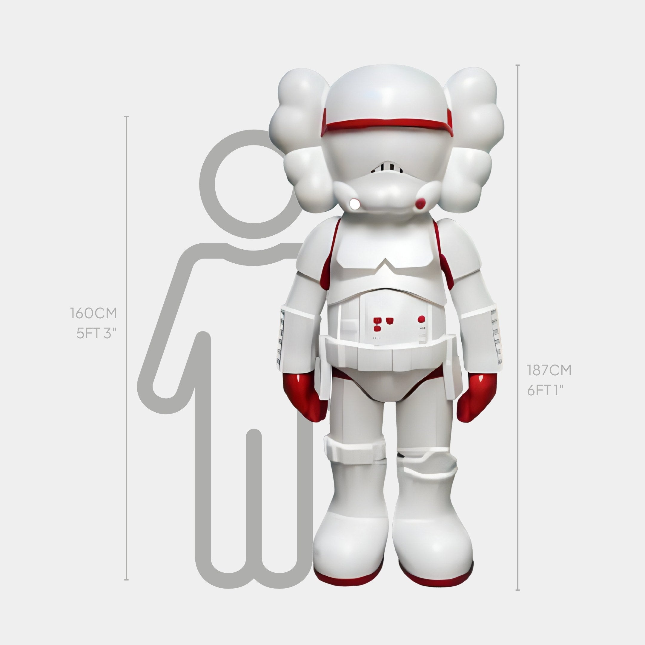 The Giant Sculptures Red & White Iconify Enforcer stands at 187 cm next to a 160 cm grey silhouette, both against a white backdrop.