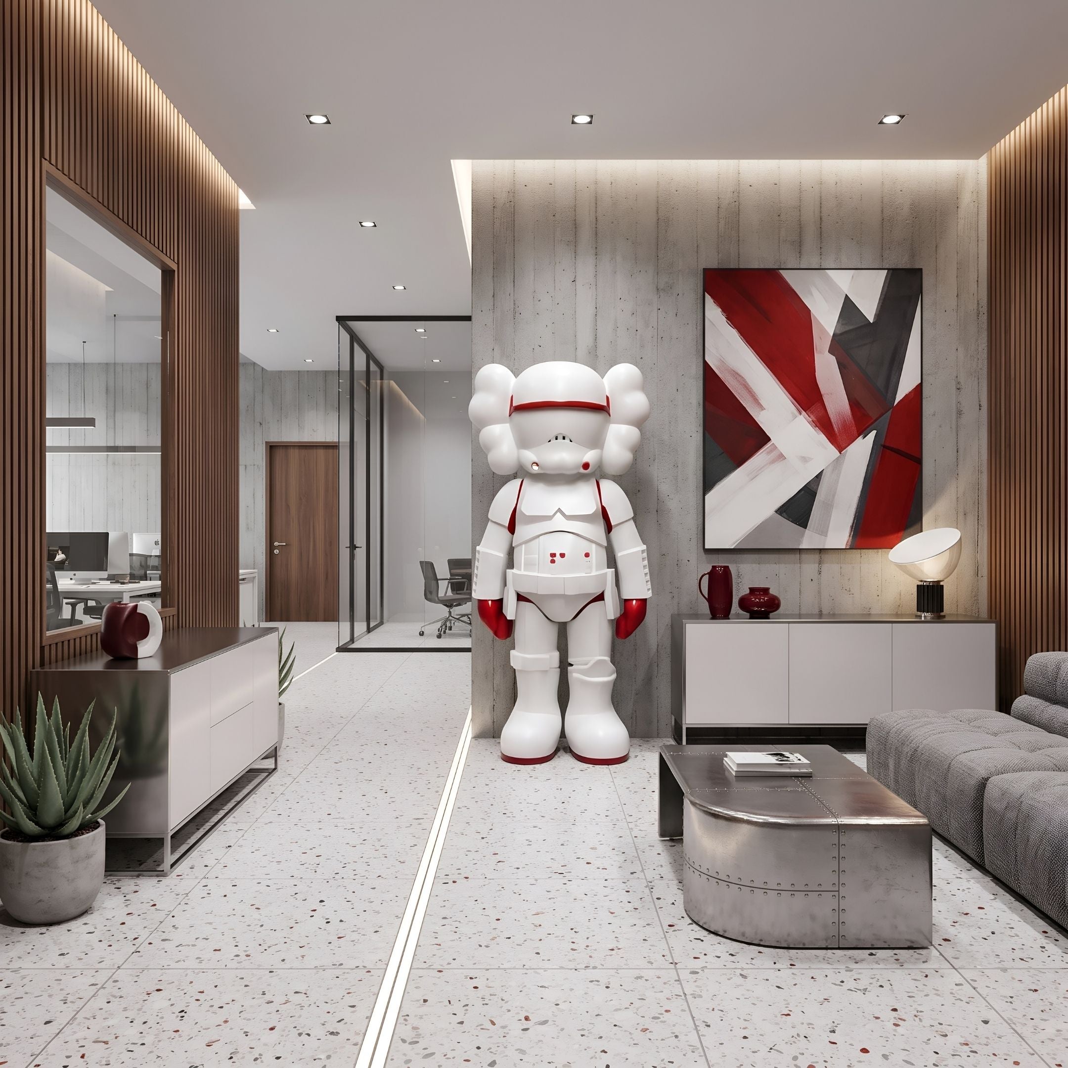 Red & White Iconify Enforcer Sculpture, 187cm, standing in a modern living room beside a sideboard, coffee table, and abstract red wall art.