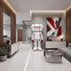 Red & White Iconify Enforcer Sculpture, 187cm, standing in a modern living room beside a sideboard, coffee table, and abstract red wall art.