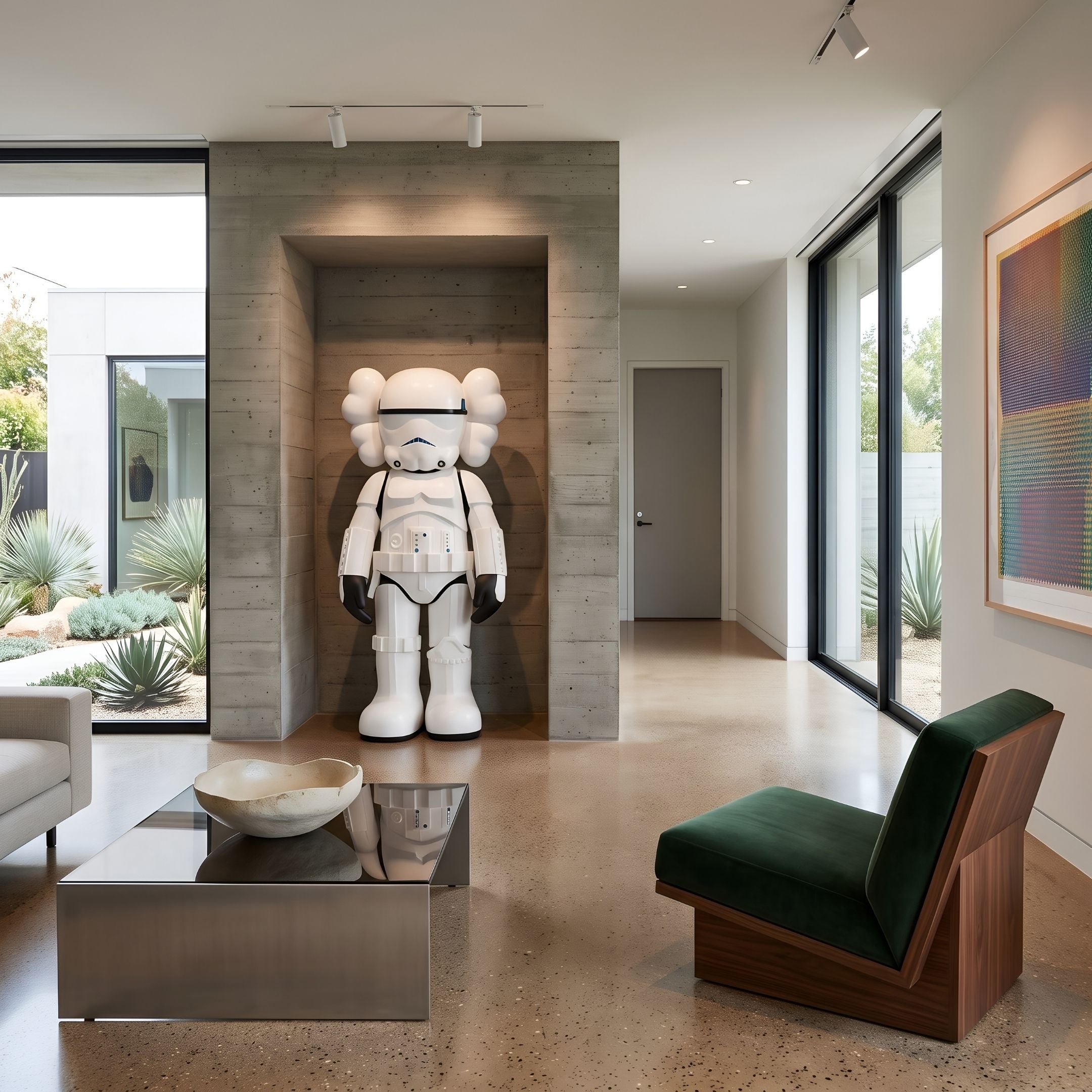 Black & White Iconify Enforcer Sculpture, 187cm, in a concrete alcove near a living area with green chair and steel coffee table.