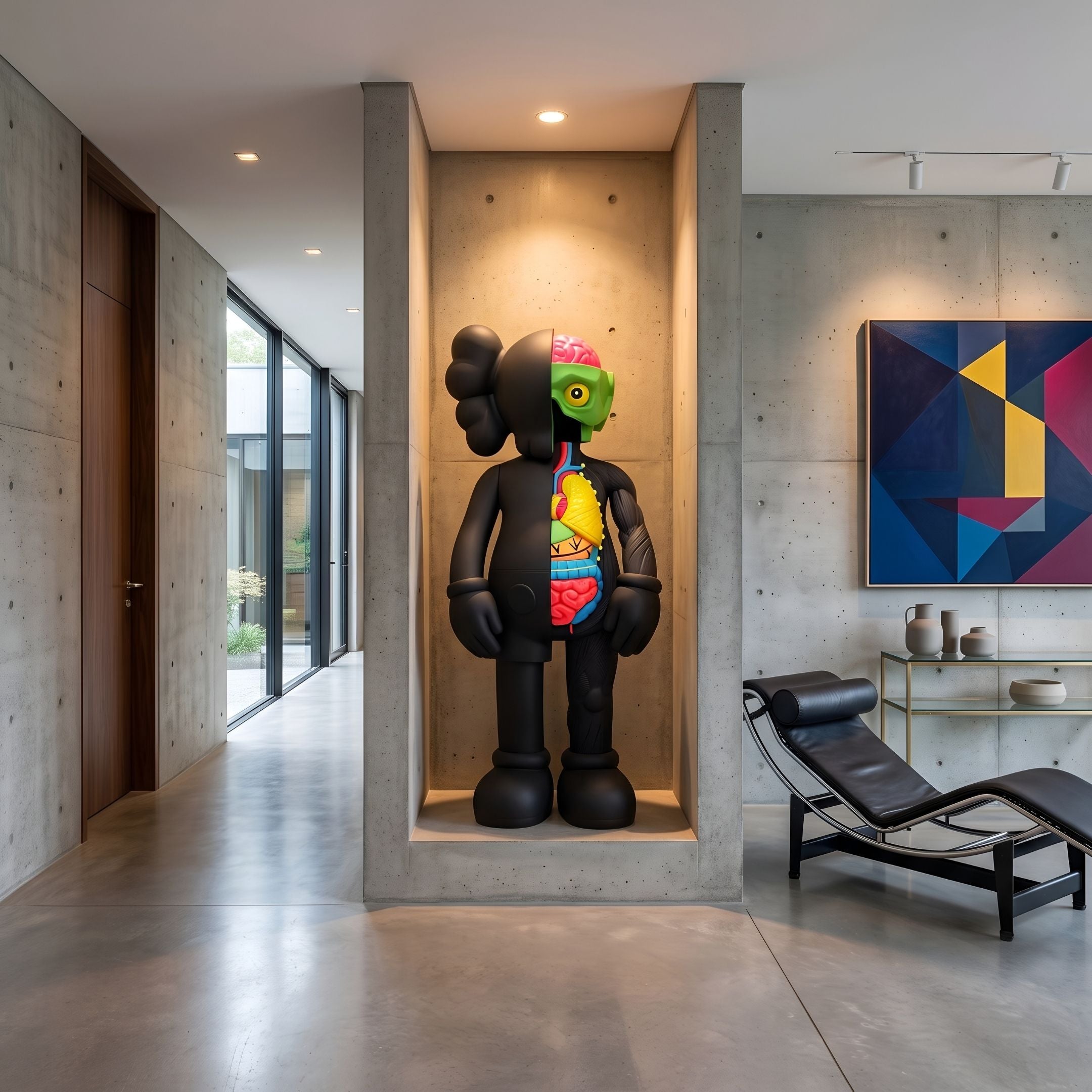 Midnight Black Iconify Anatomy Sculpture, 187cm, black figure with colorful anatomical cross-section, displayed in a concrete wall niche in a modern hallway.